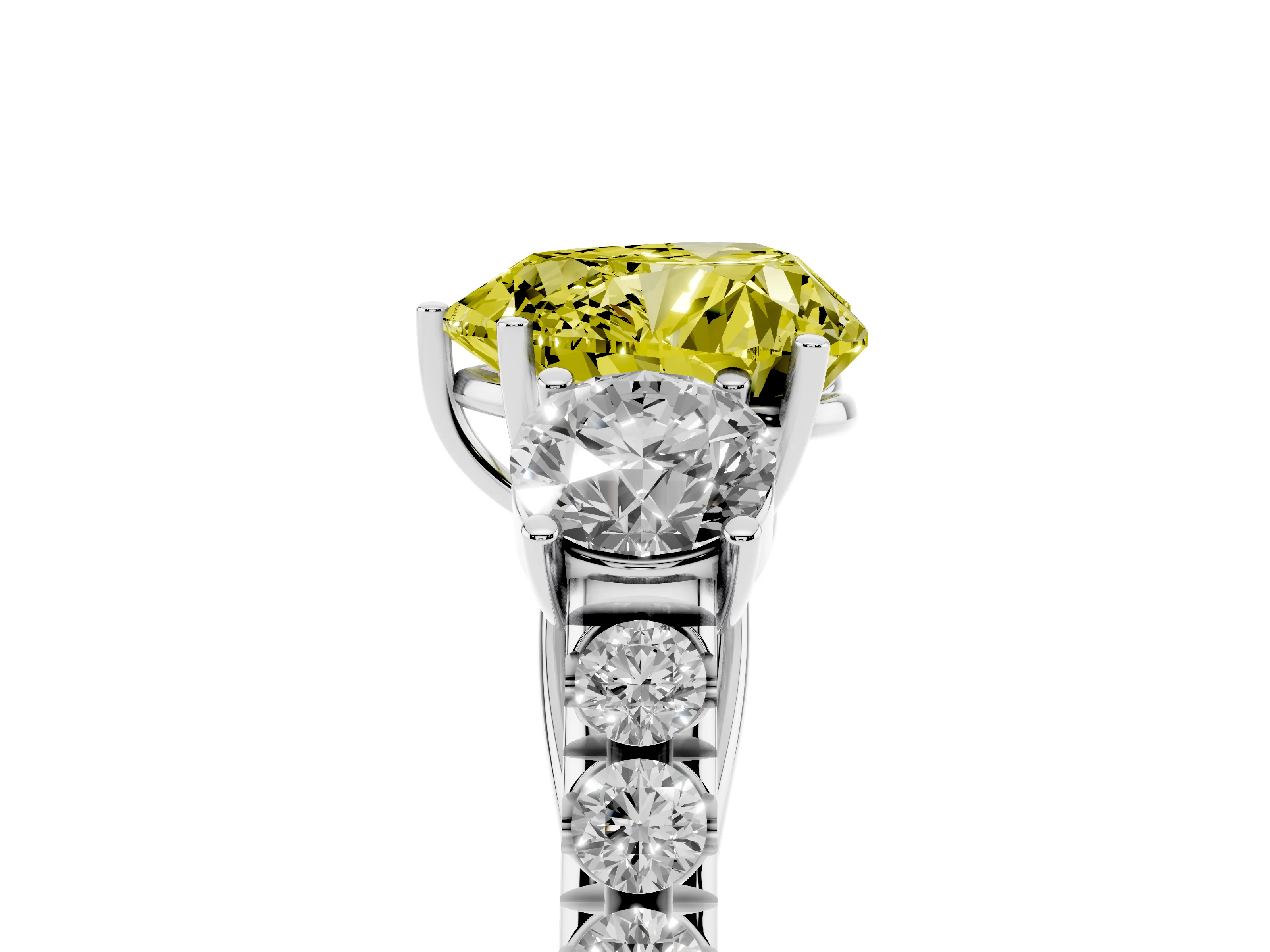 Fancy Yellow Heart Cut Diamond Three-Stone Ring Set in White gold with Round Side Stones and Delicate Pavé Band