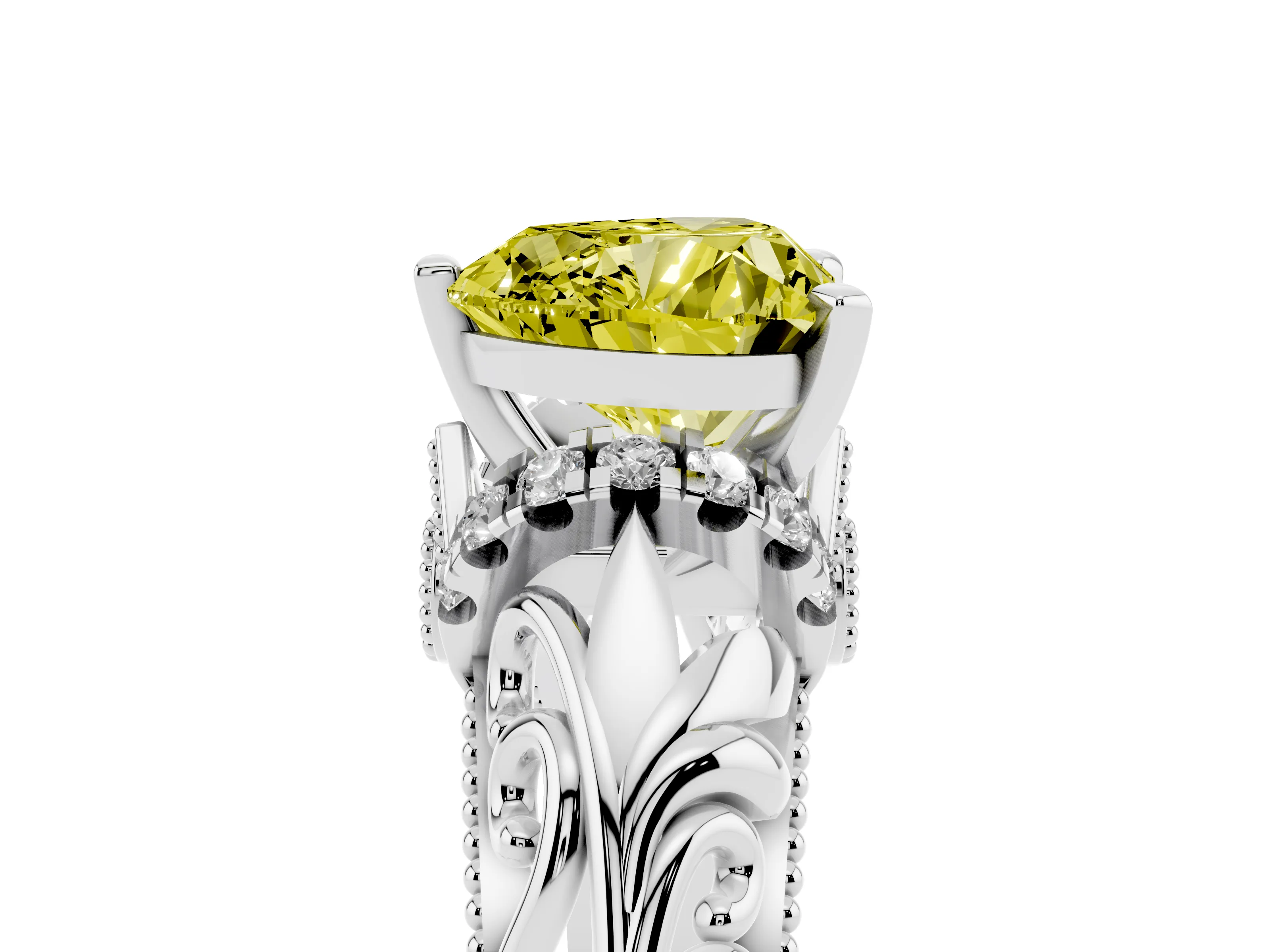 Fancy Yellow Heart Cut Diamond Filigree Halo Engagement Ring Set in Silver with Prong Setting
