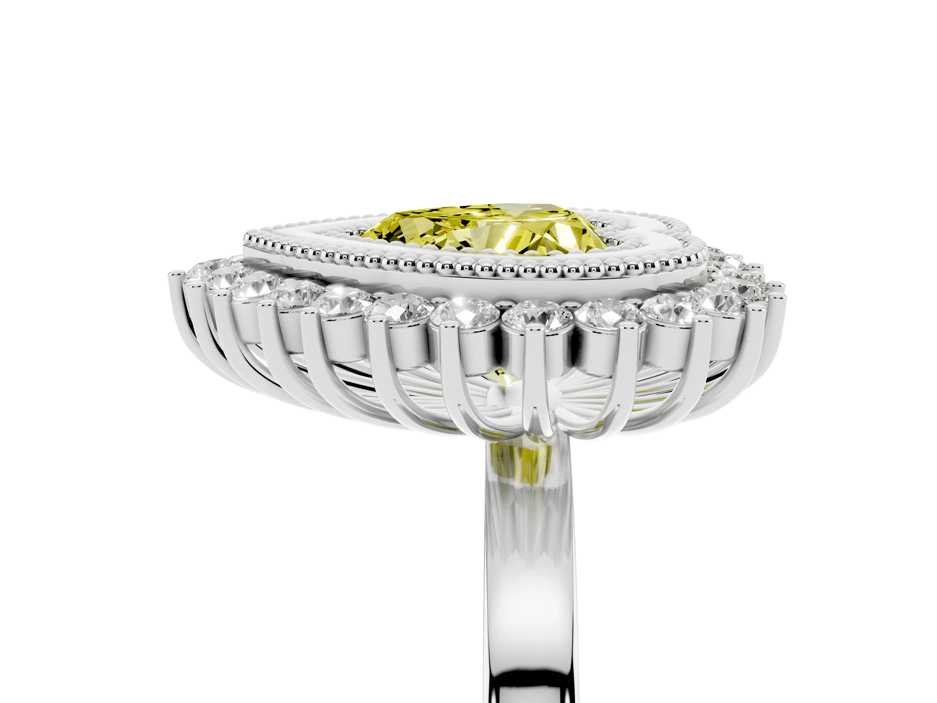 Fancy Yellow Heart Cut Diamond Halo Ring Set in White gold with Milgrain Edge and Round Prong Setting
