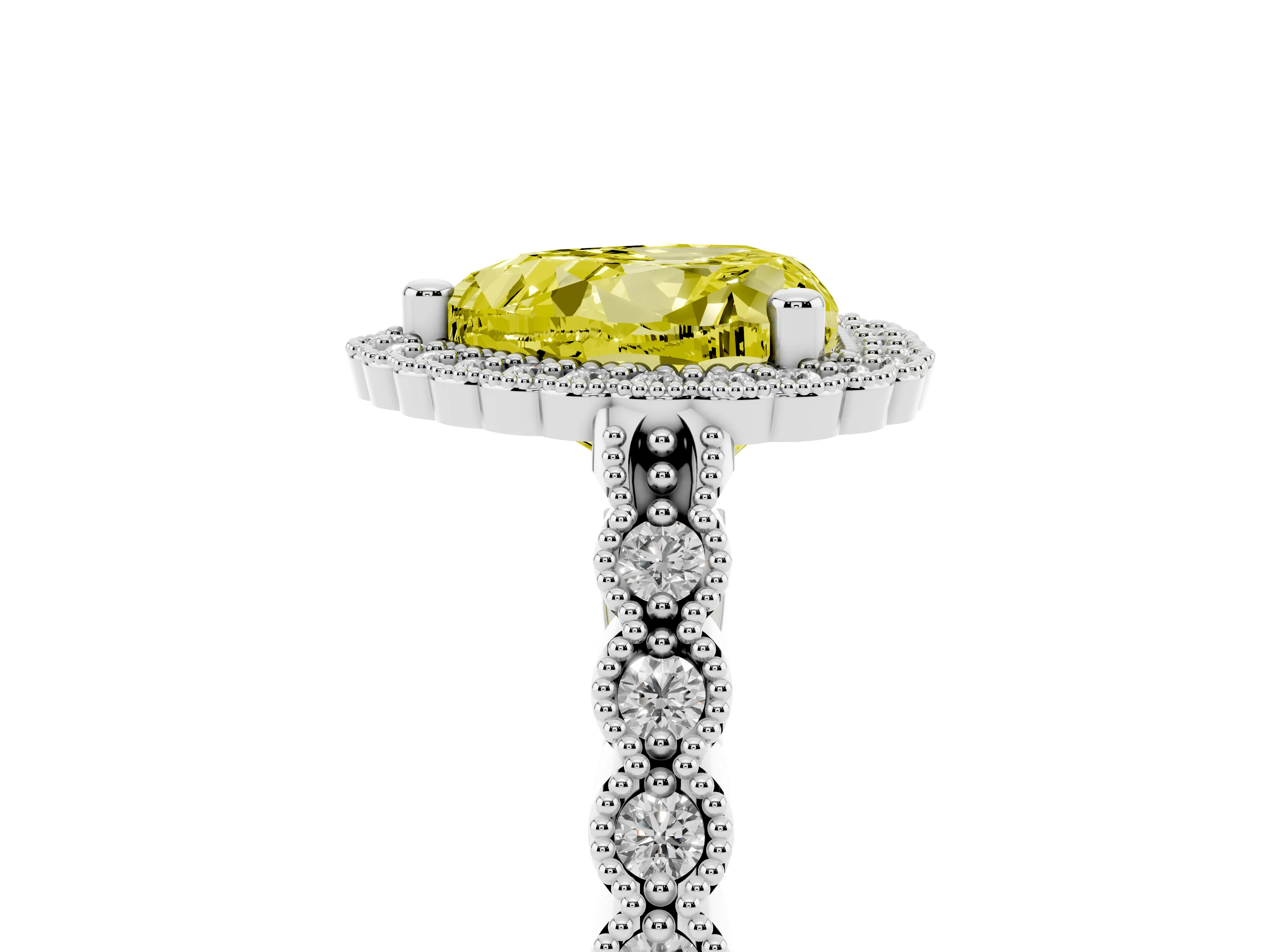 Fancy Yellow Heart Cut Diamond Halo Ring Set in Platinum with Pavé Milgrain Band