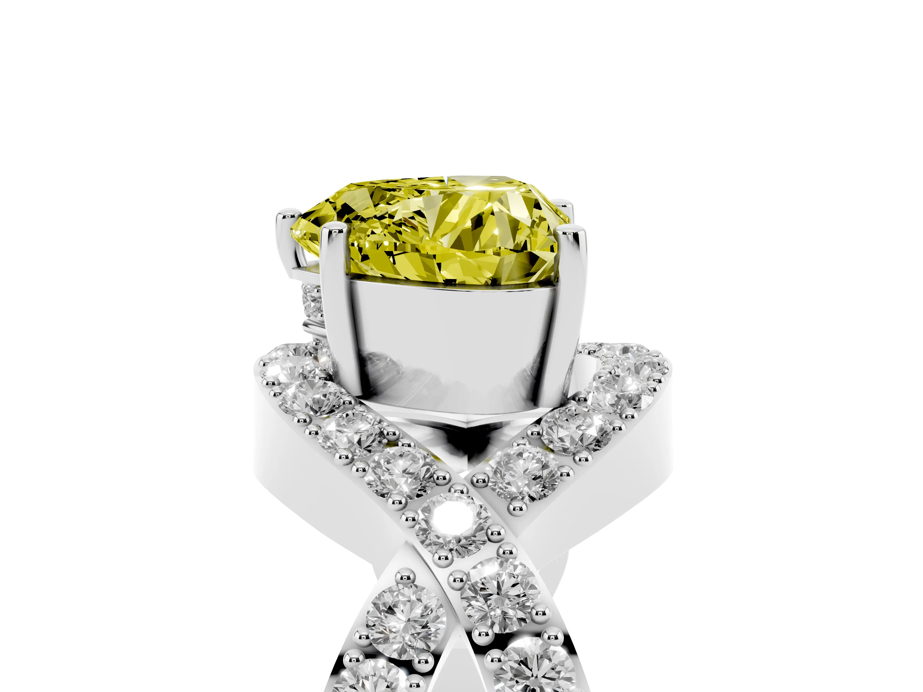 Fancy Yellow Heart Cut Diamond Solitaire Twist Band Pavé Engagement Ring Set in Silver