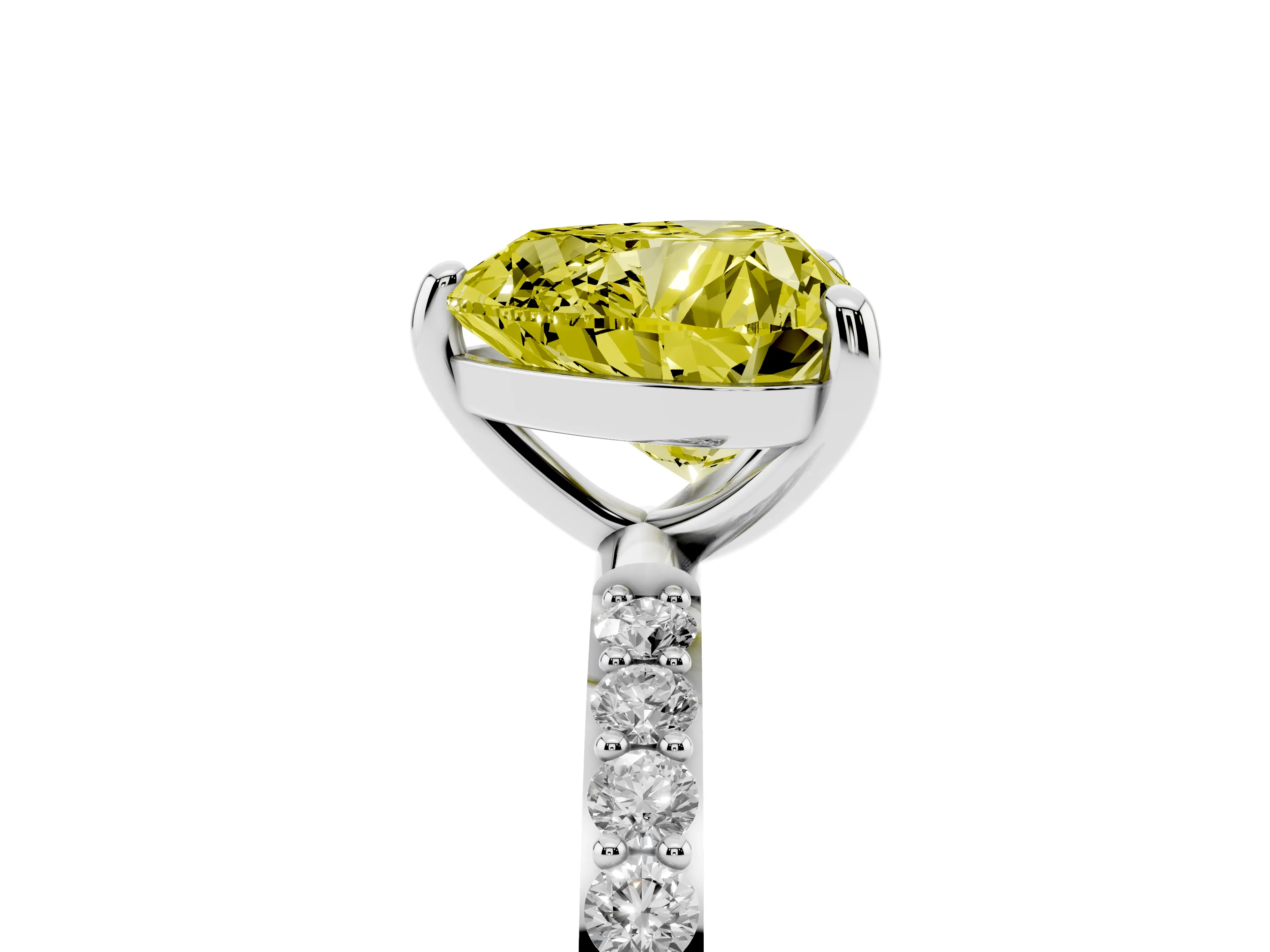 Fancy Yellow Heart Cut Diamond Solitaire Ring Set in Platinum with Round Pavé Band and Prong Setting