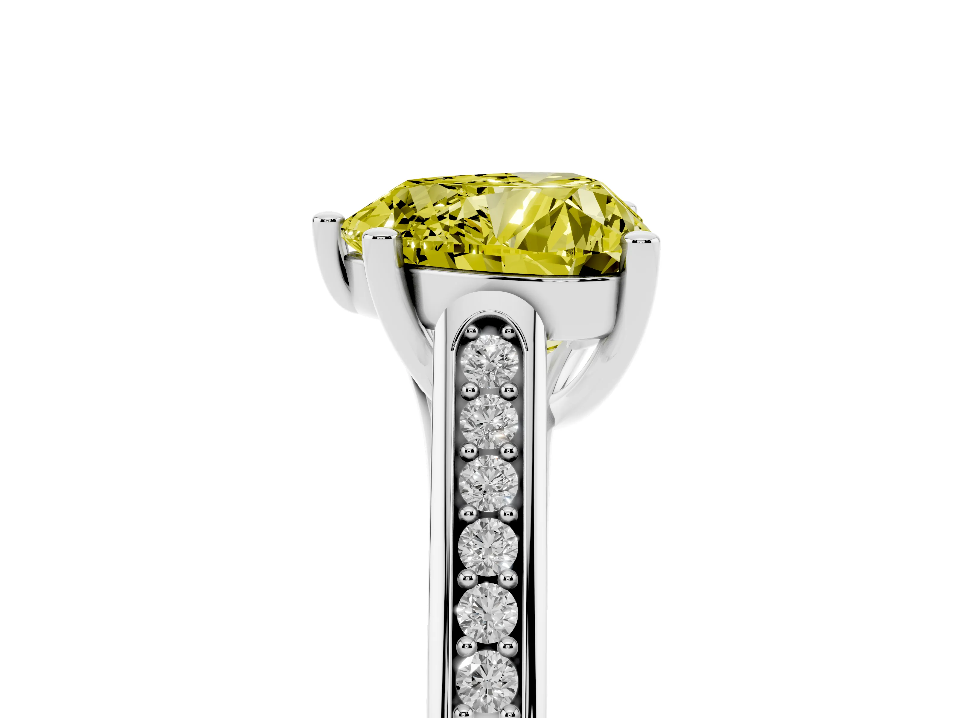 Fancy Yellow Heart Cut Diamond Solitaire Cathedral Engagement Ring Set in White gold with Channel-Set Band and Prong Setting