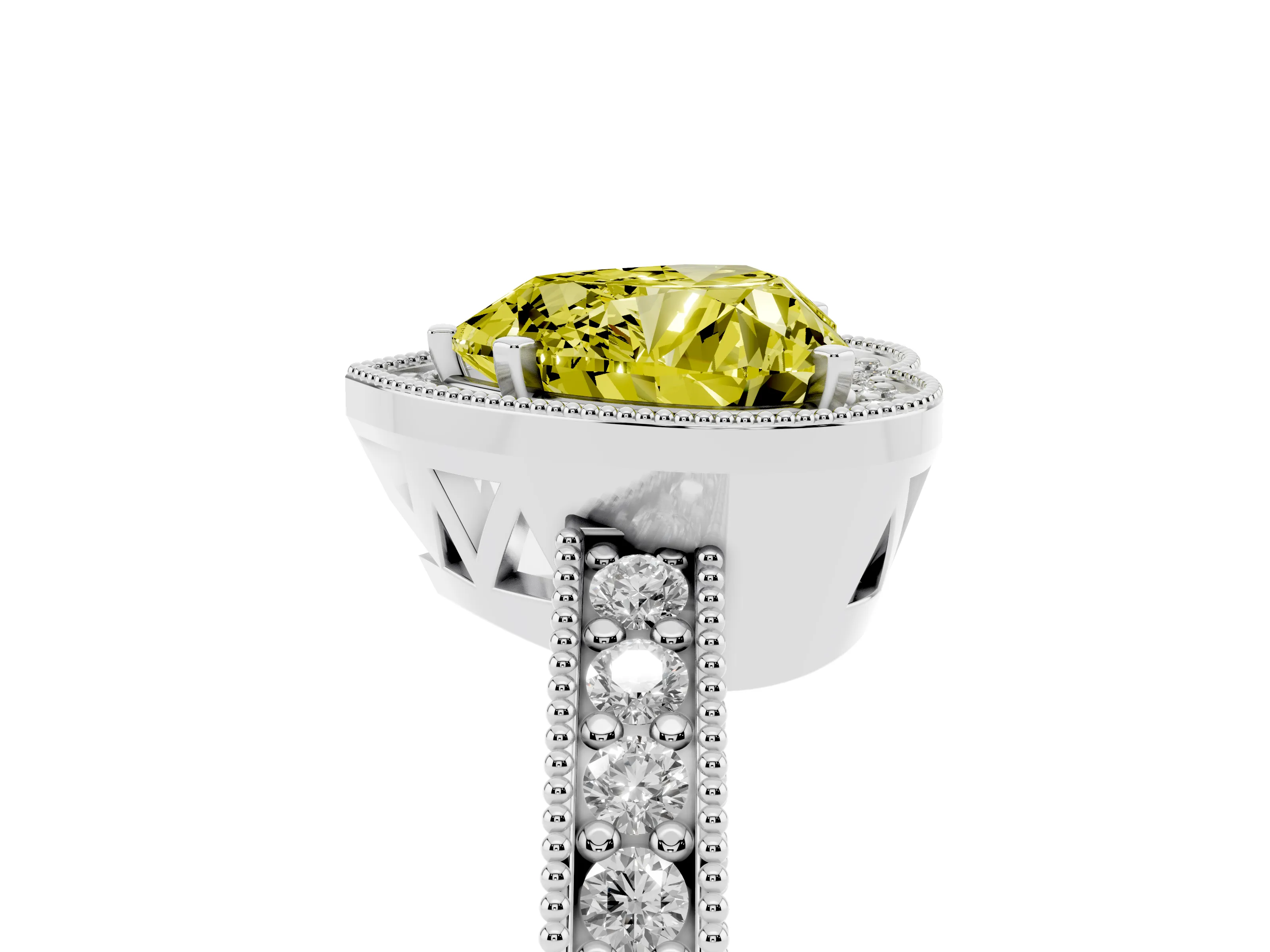 Fancy Yellow Heart Cut Diamond Halo Pavé Band Ring Set in Silver with Prong-Set Center