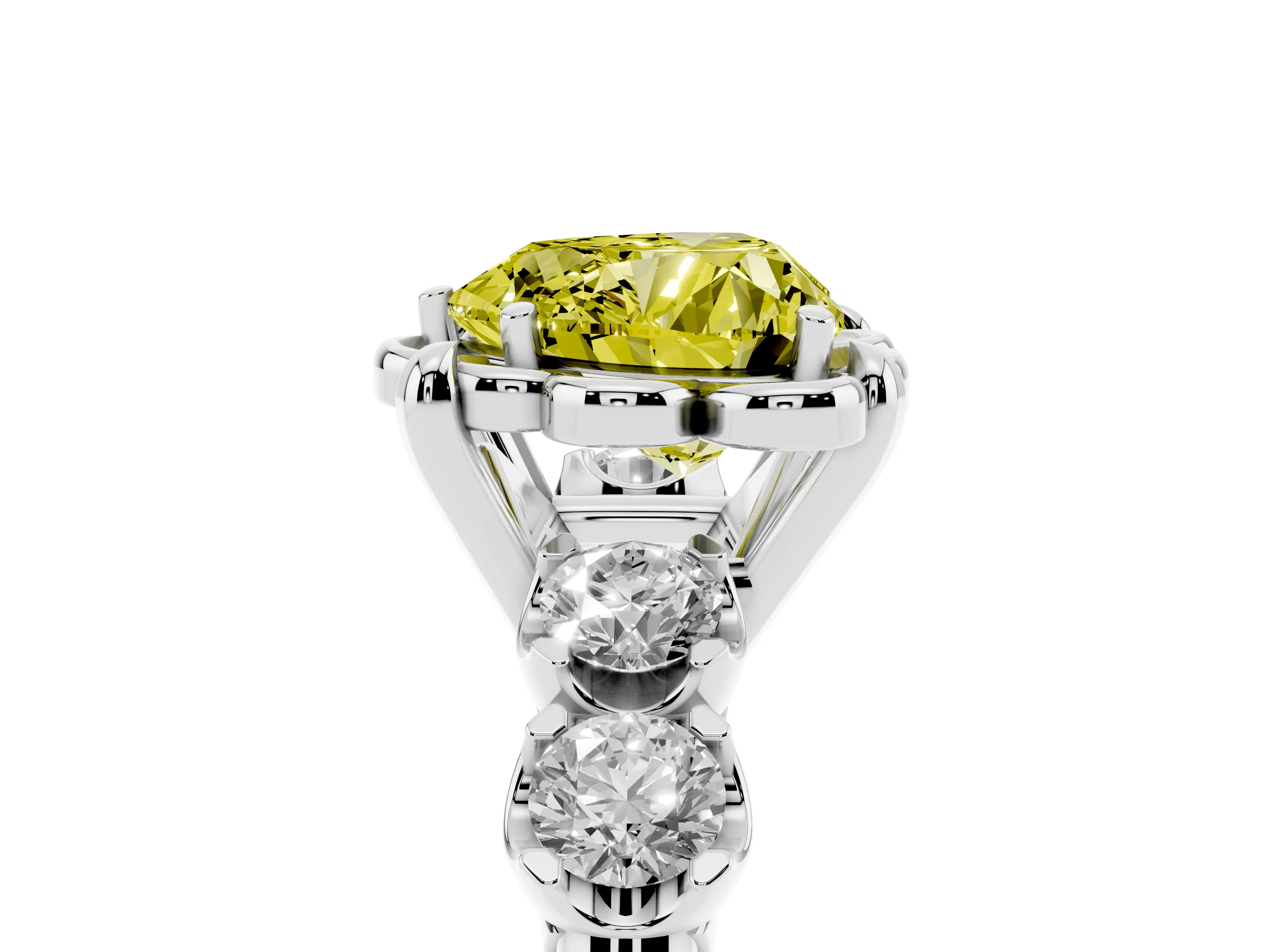 Fancy Yellow Heart Cut Diamond Floral Halo Ring Set in Platinum with Shared Prong Band