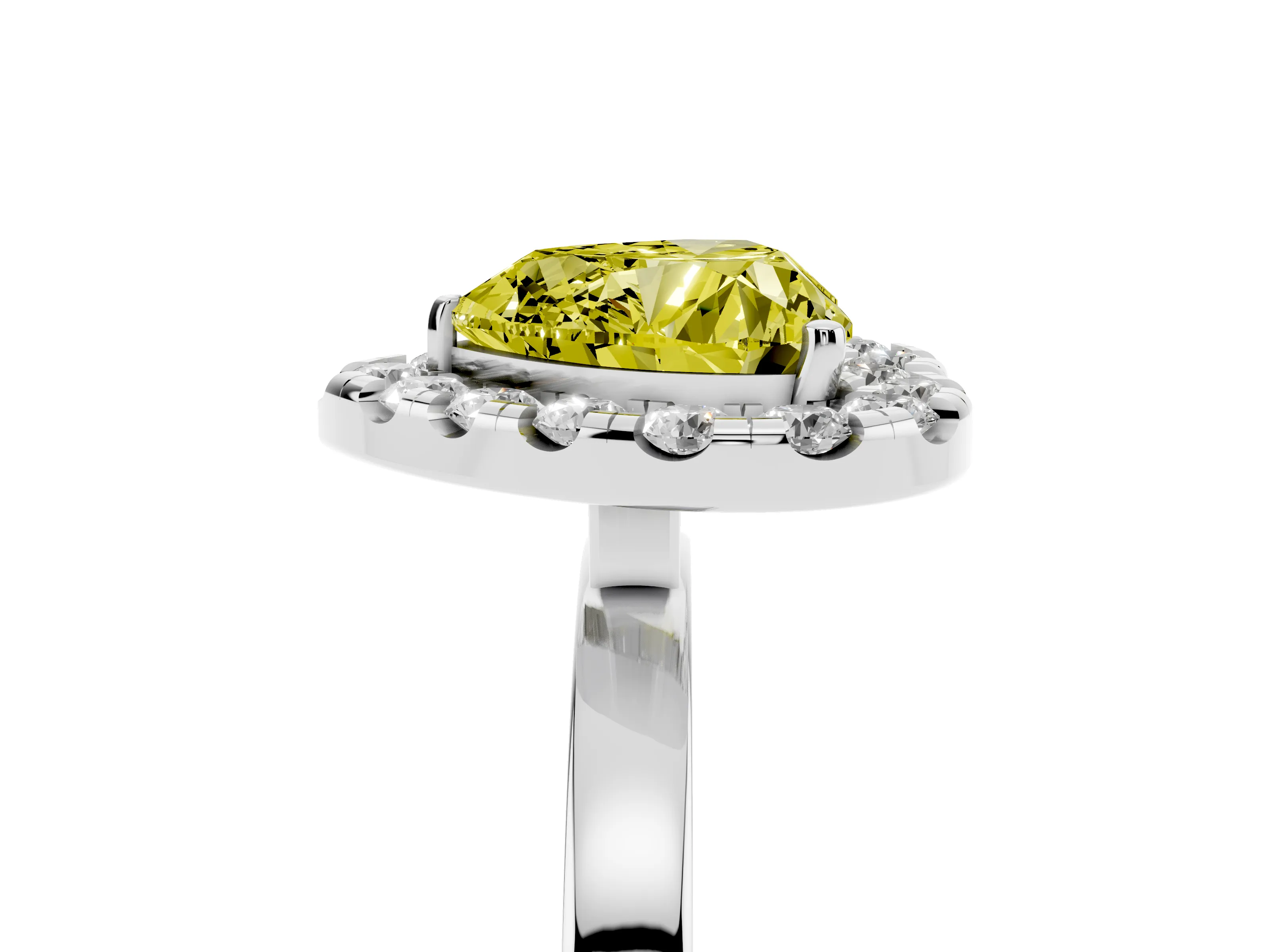 Fancy Yellow Heart Cut Diamond Halo Solitaire Ring Set in White gold with Pavé Band and Prong Setting