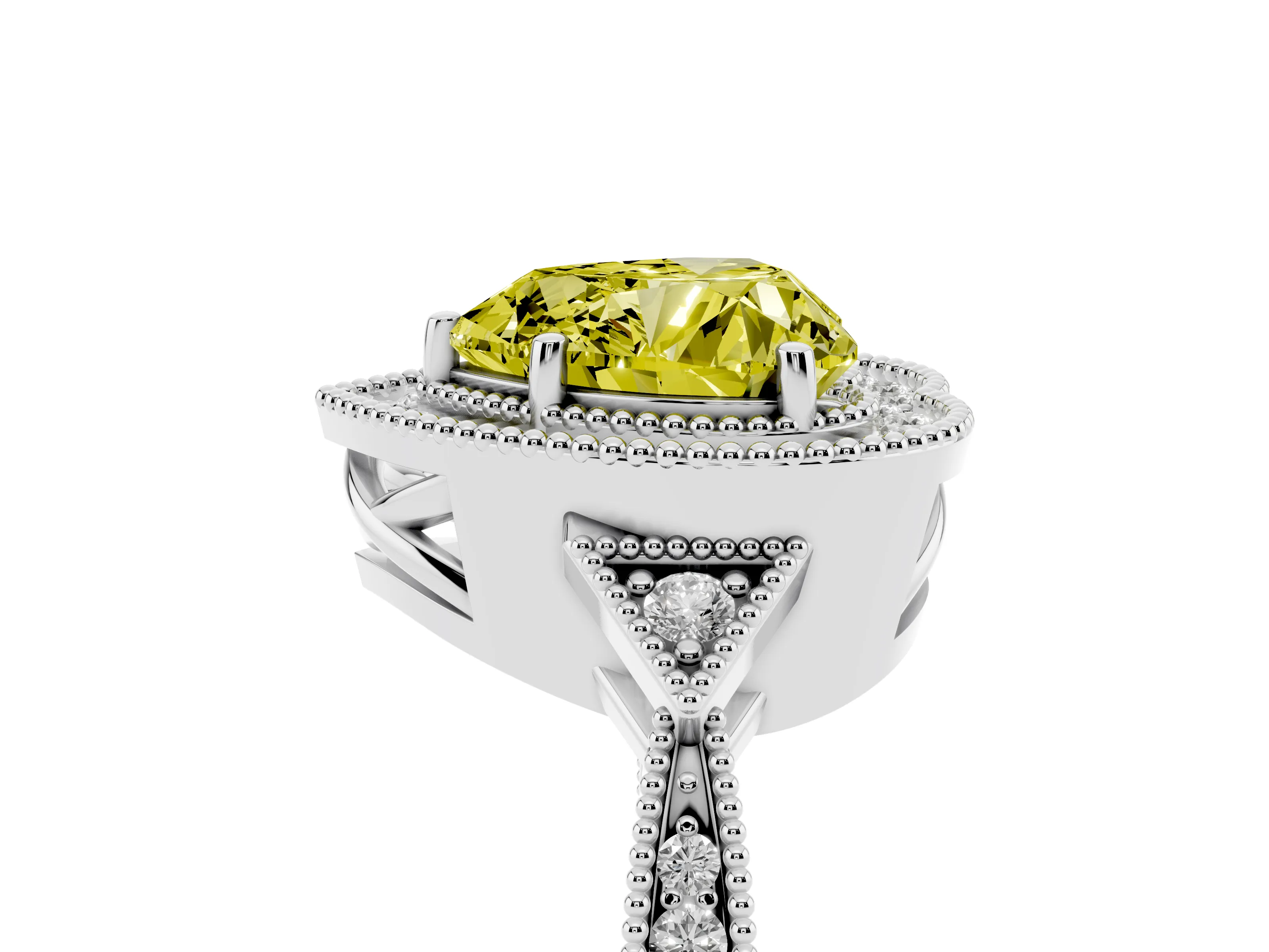 Fancy Yellow Heart Cut Diamond Halo Engagement Ring Set in White gold with Milgrain Pavé Band