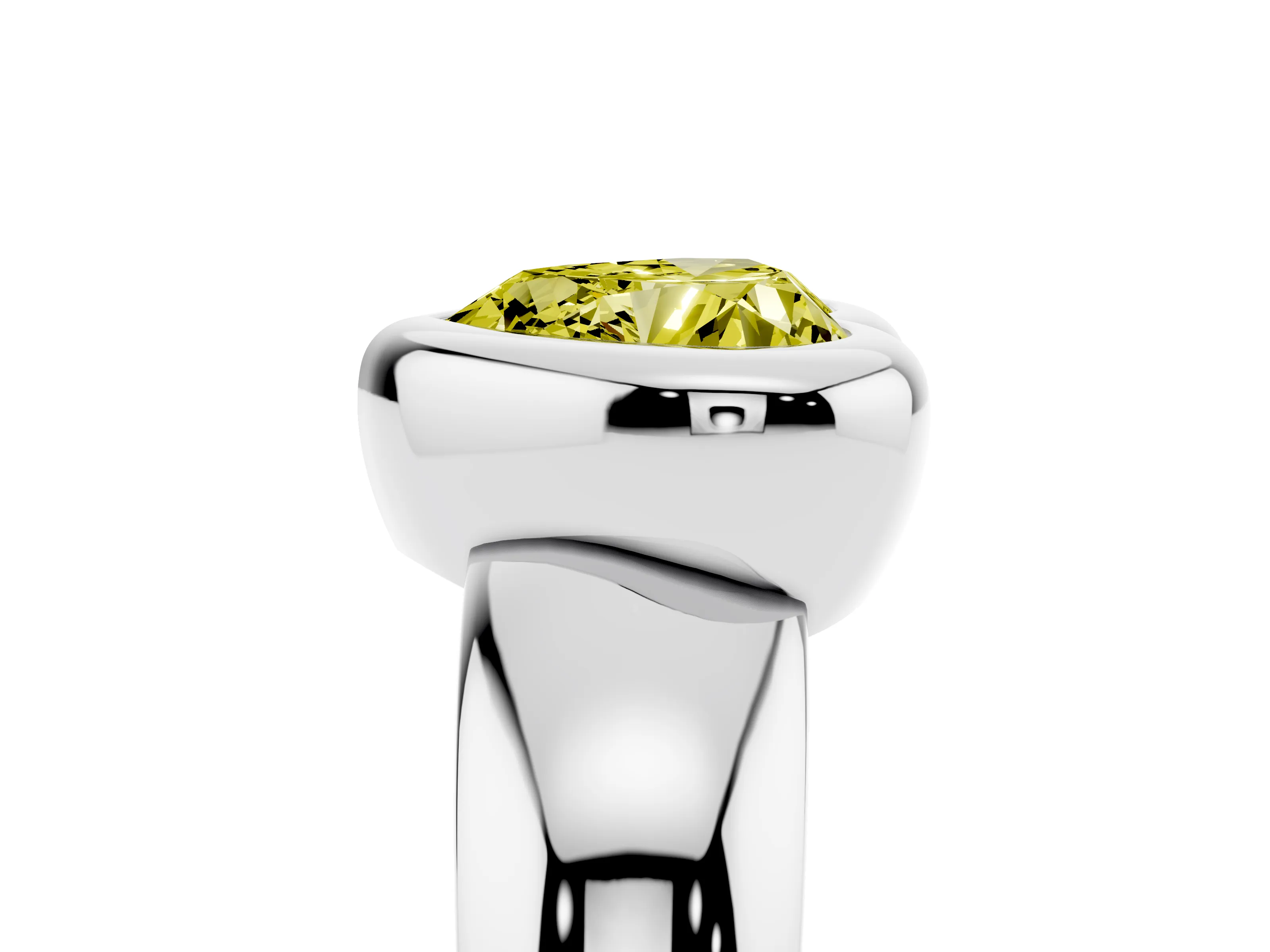 Fancy Yellow Bezel Set Heart Cut Diamond Solitaire Ring Set in White gold with Wide Band