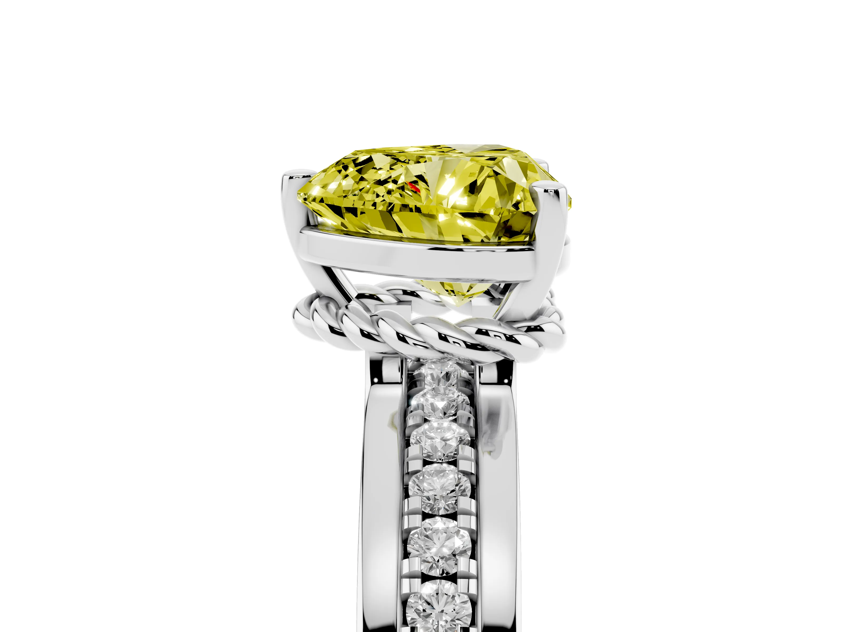 Fancy Yellow Heart Cut Diamond Solitaire Ring Set in White gold with Channel Set Band and Prong Setting