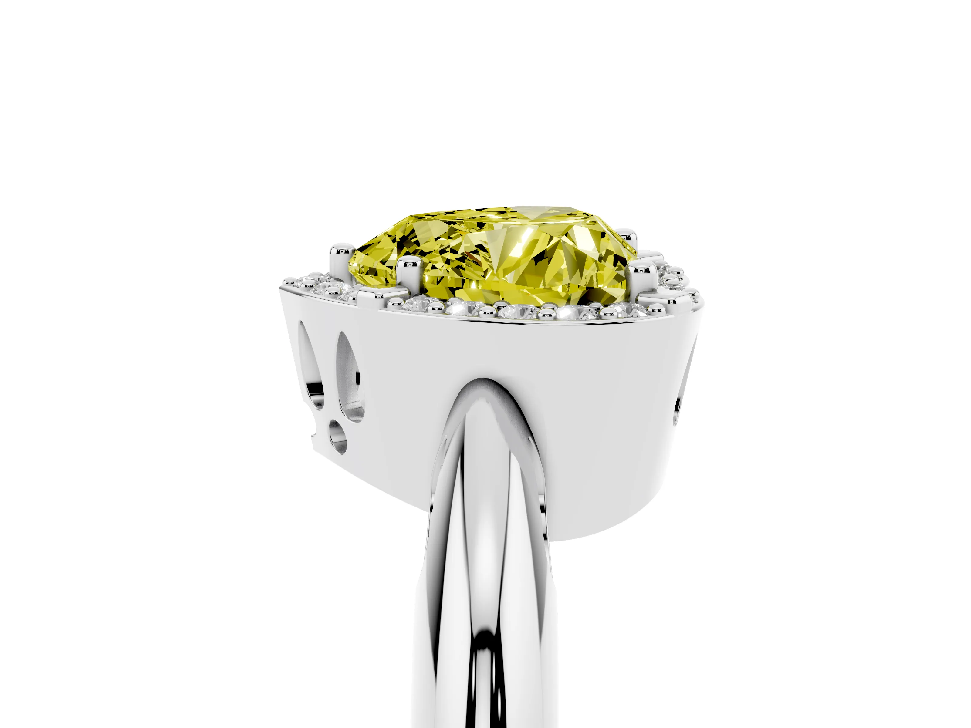 Fancy Yellow Heart Cut Diamond Halo Engagement Ring Set in Silver with Plain Split Shank and Prong Setting