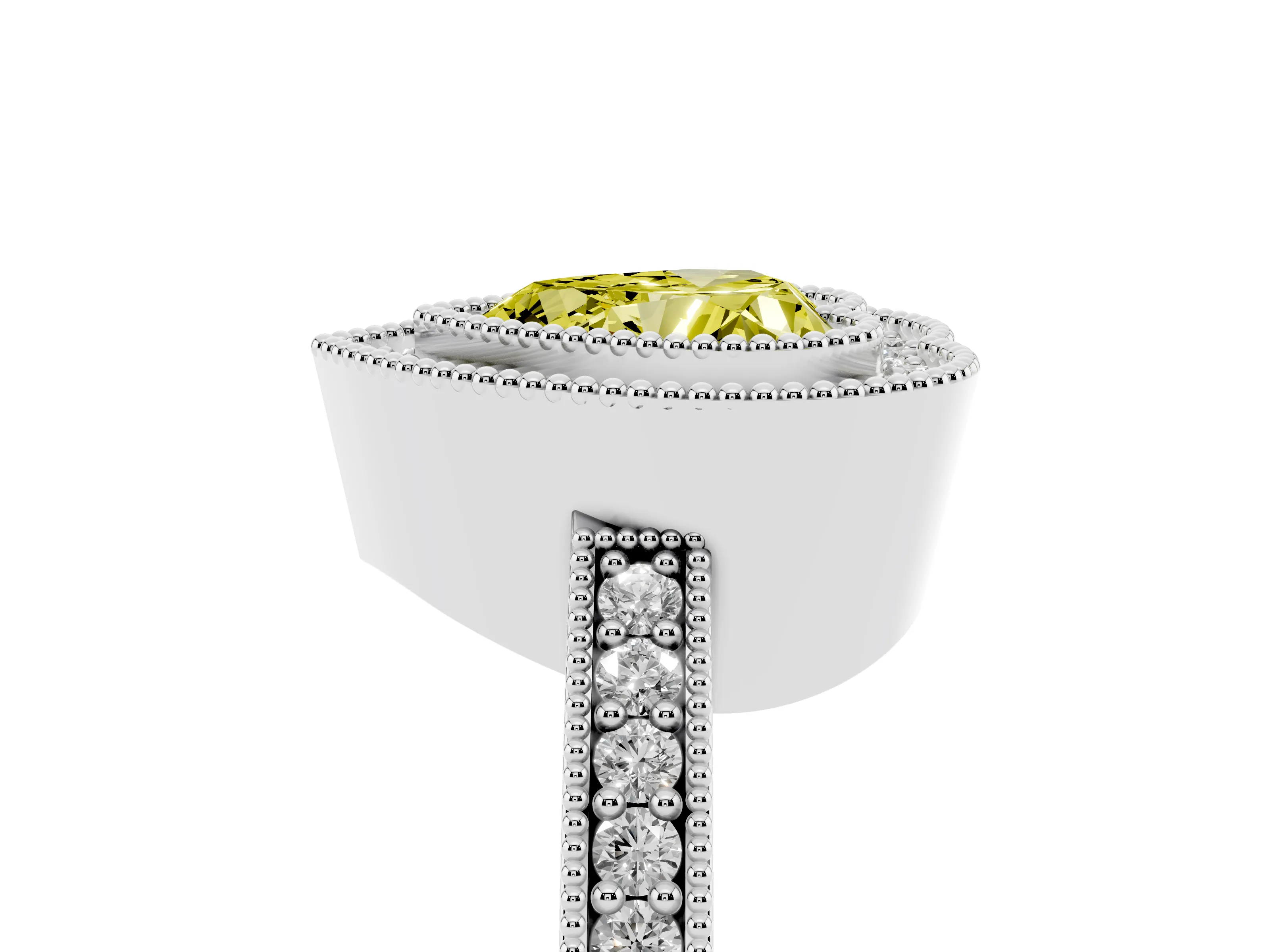 Fancy Yellow Heart Cut Diamond Halo Engagement Ring Set in White gold with Pavé Band and Round Halo Stones