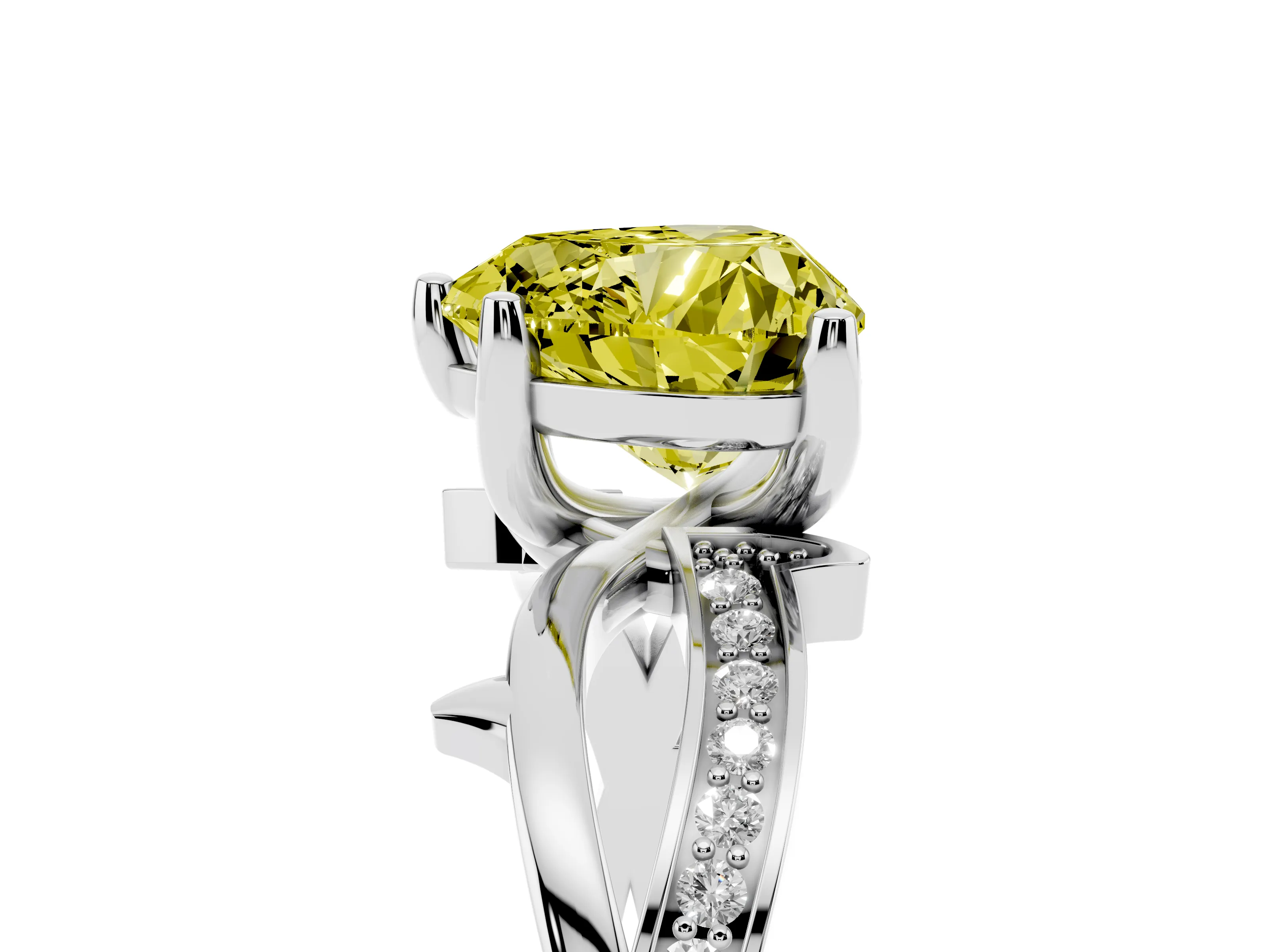 Fancy Yellow Heart Cut Diamond Pavé Twist Band Solitaire Ring Set in White gold with Prong Setting