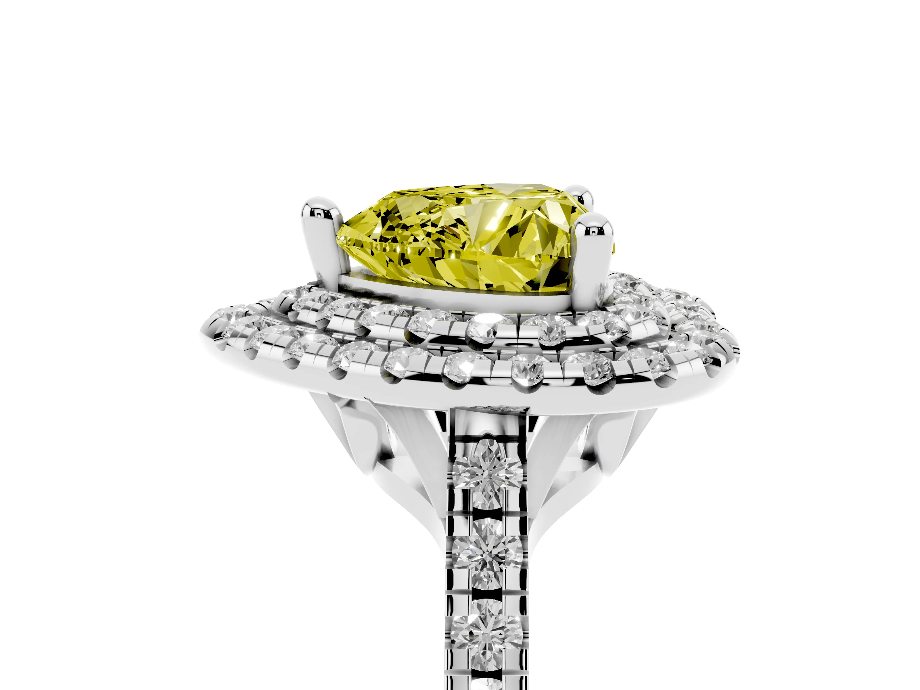 Fancy Yellow Heart Cut Diamond Double Halo Statement Ring Set in Silver with Pavé Band