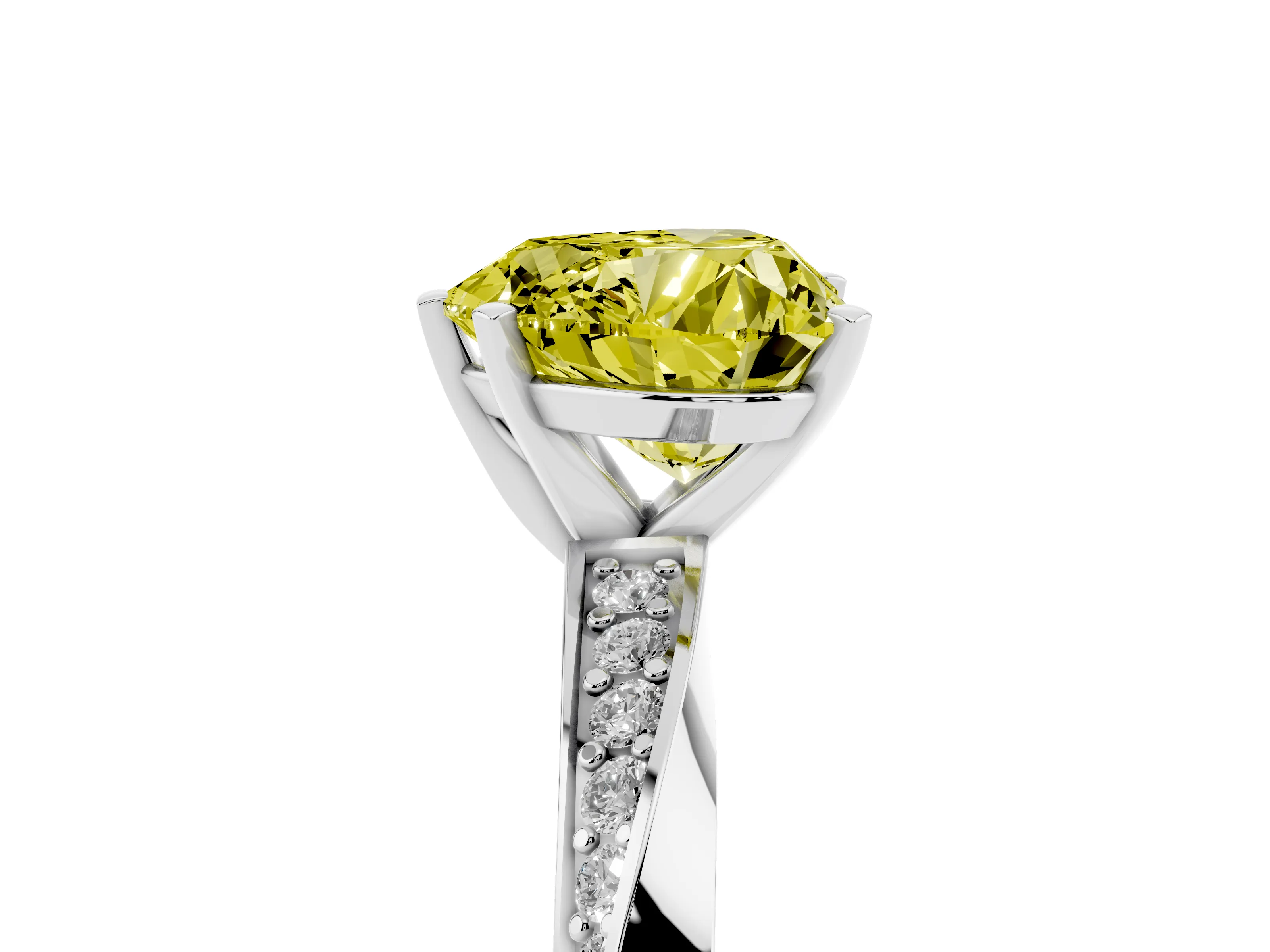 Fancy Yellow Heart Cut Diamond Engagement Ring Set in White gold with Side Stone Accents and Prong Setting