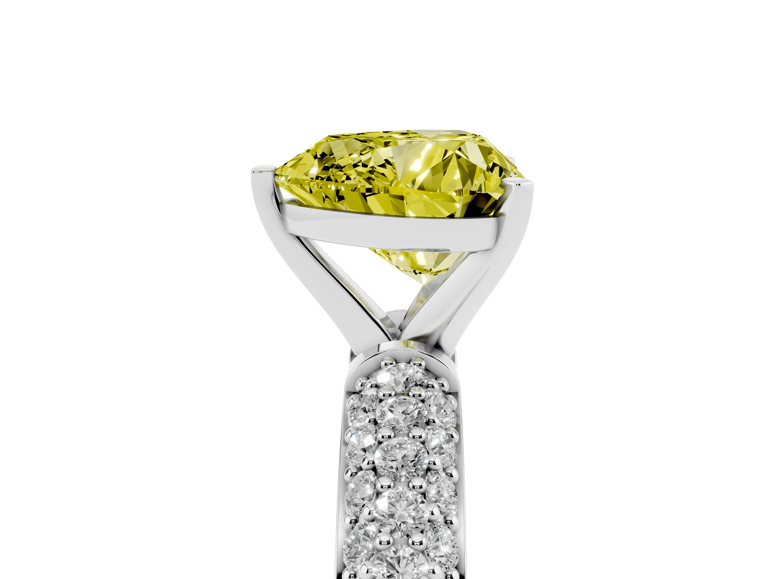 Fancy Yellow Heart Cut Diamond Solitaire Ring Set in White gold with Prong Setting and Pavé-Set Band