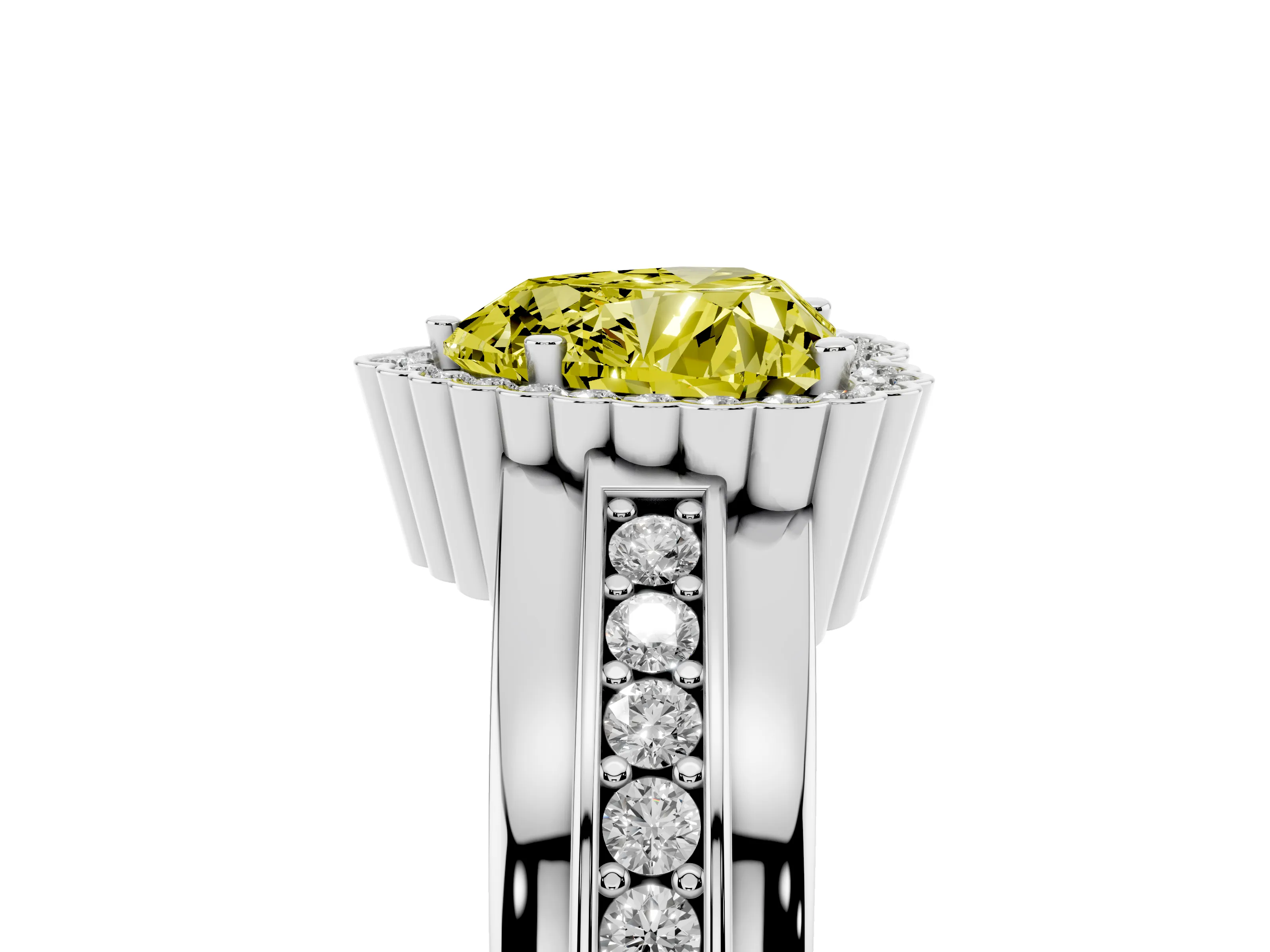 Fancy Yellow Heart Cut Diamond Halo Prong Ring Set in Platinum with Pavé Band