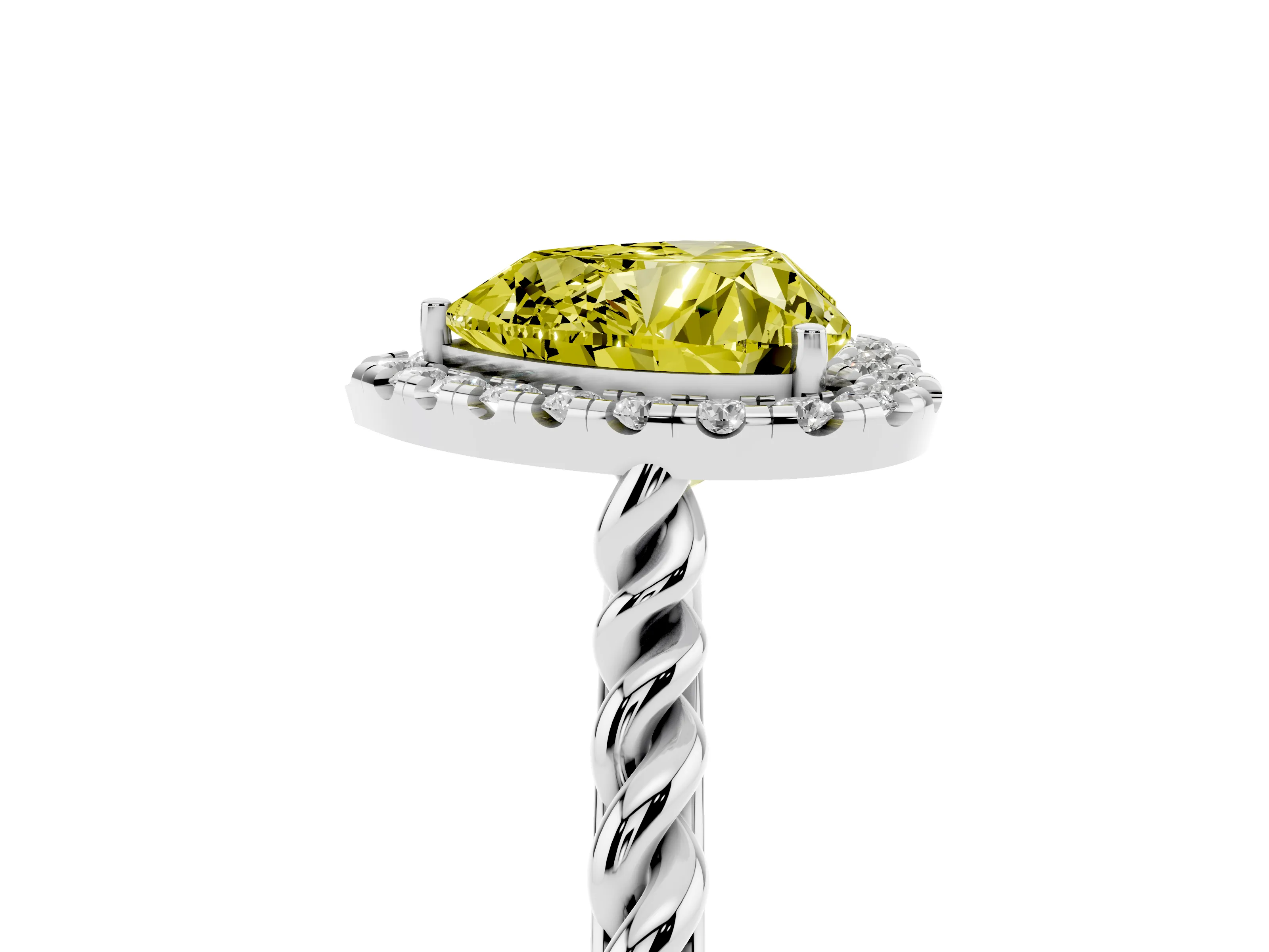Fancy Yellow Heart Cut Diamond Halo Ring Set in White gold with Plain Twisted Band
