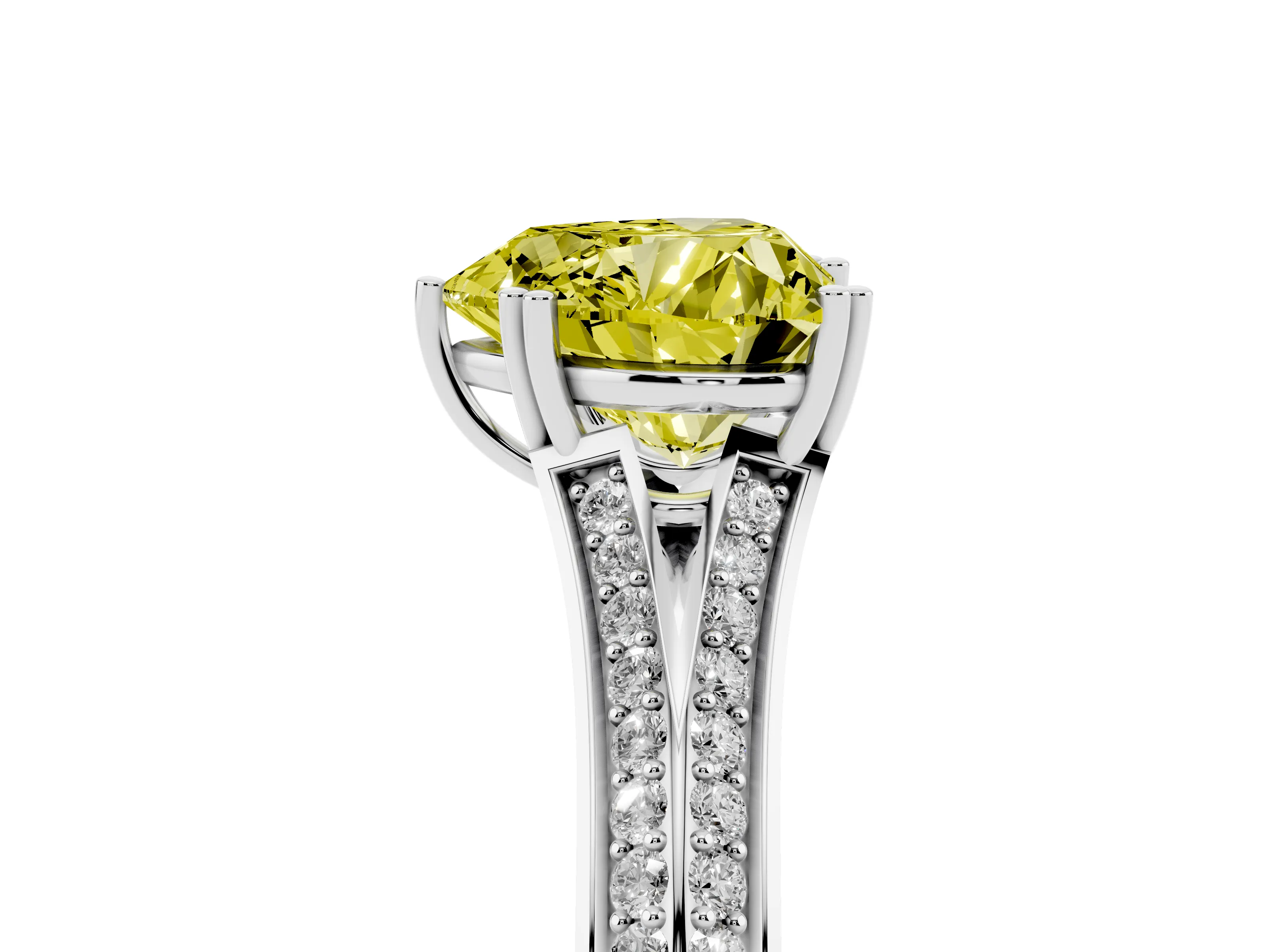 Fancy Yellow Heart Cut Diamond Split Shank Pavé Engagement Ring Set in White gold with Prong-Set Center Stone