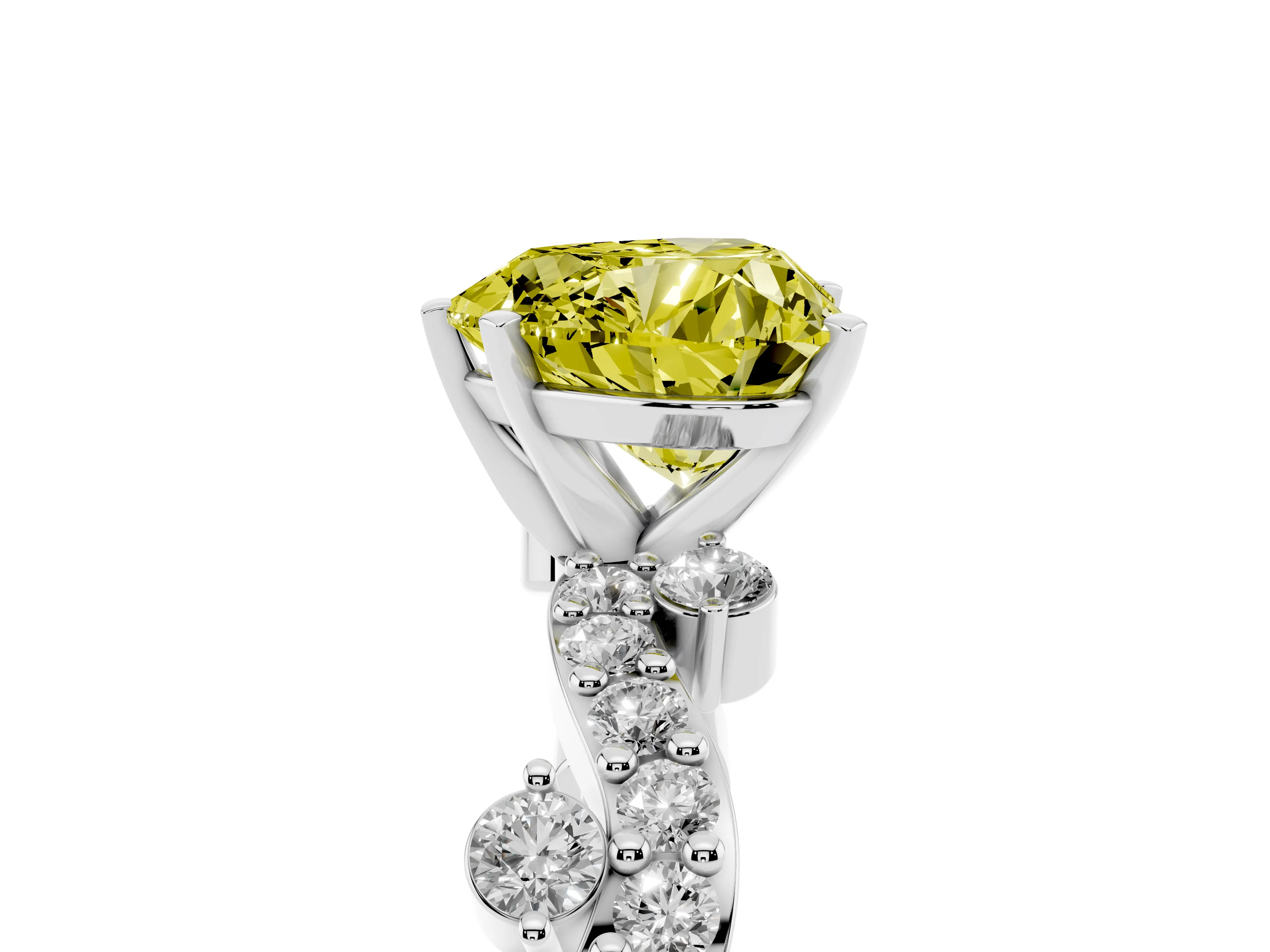 Fancy Yellow Heart Cut Diamond Solitaire Twisted Band Set in White gold with Pavé Setting