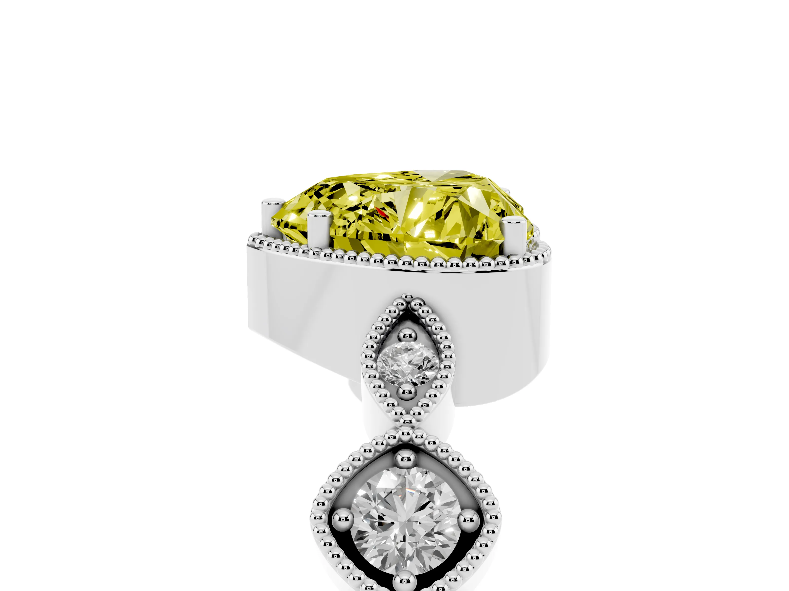 Fancy Yellow Heart Cut Diamond Vintage-Inspired Milgrain Ring Set in White gold with Marquise Stations of Round Accents