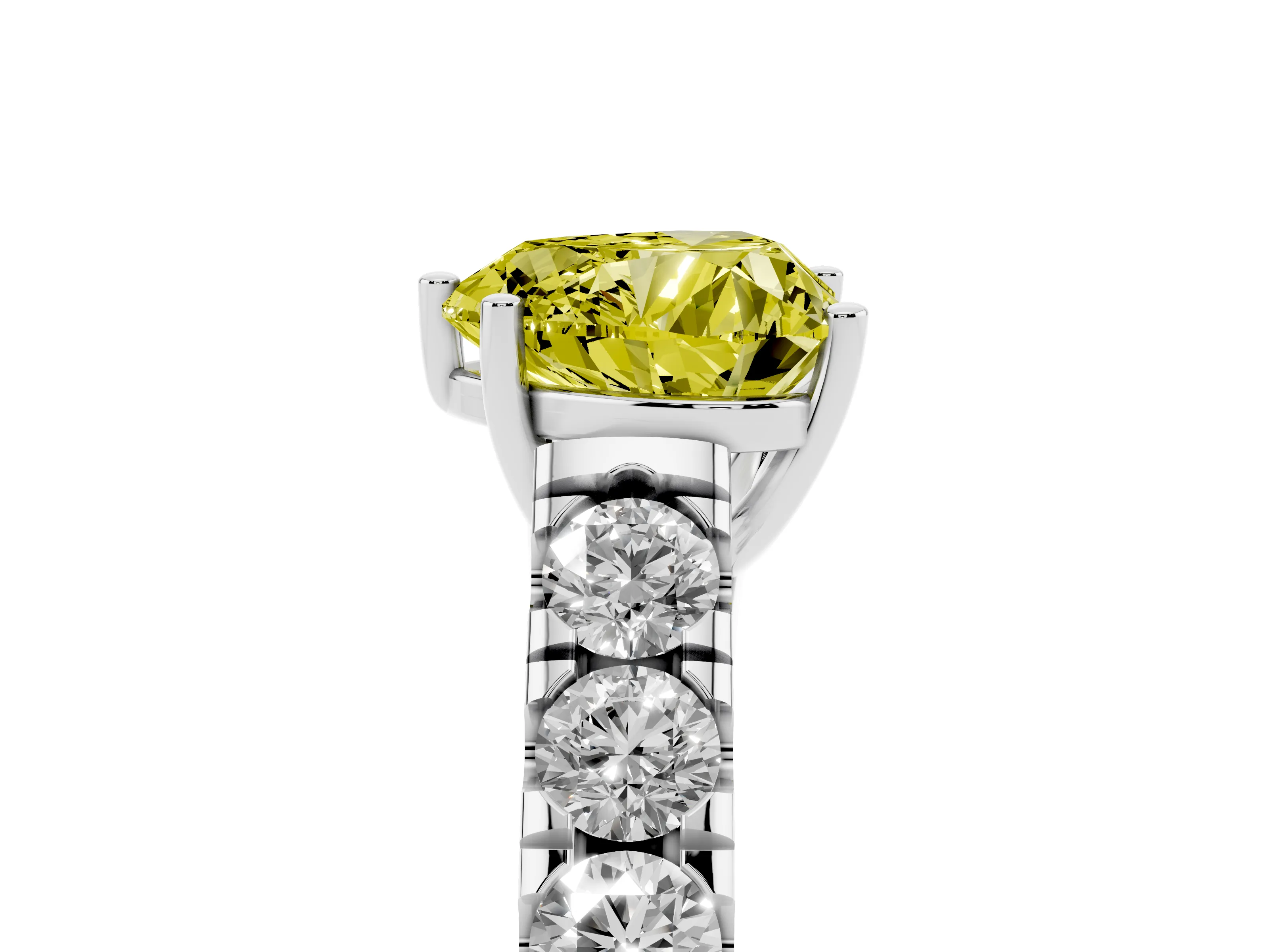 Fancy Yellow Heart Cut Diamond Solitaire Ring Set in White gold with Cut-Down Micro Pavé Band and Prong Setting