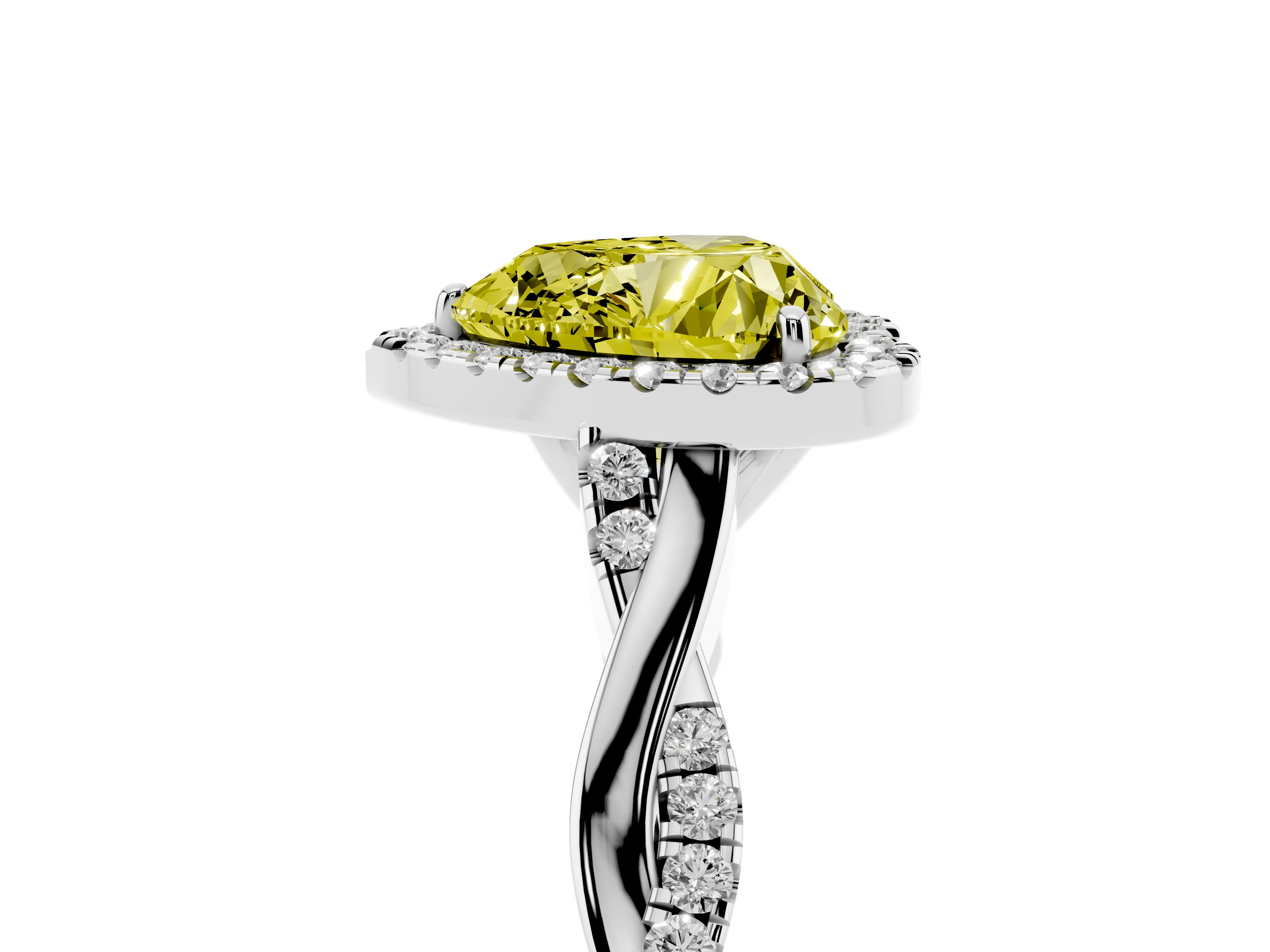 Fancy Yellow Heart Cut Diamond Halo Twist Band Solitaire Ring Set in White gold with Prong Setting