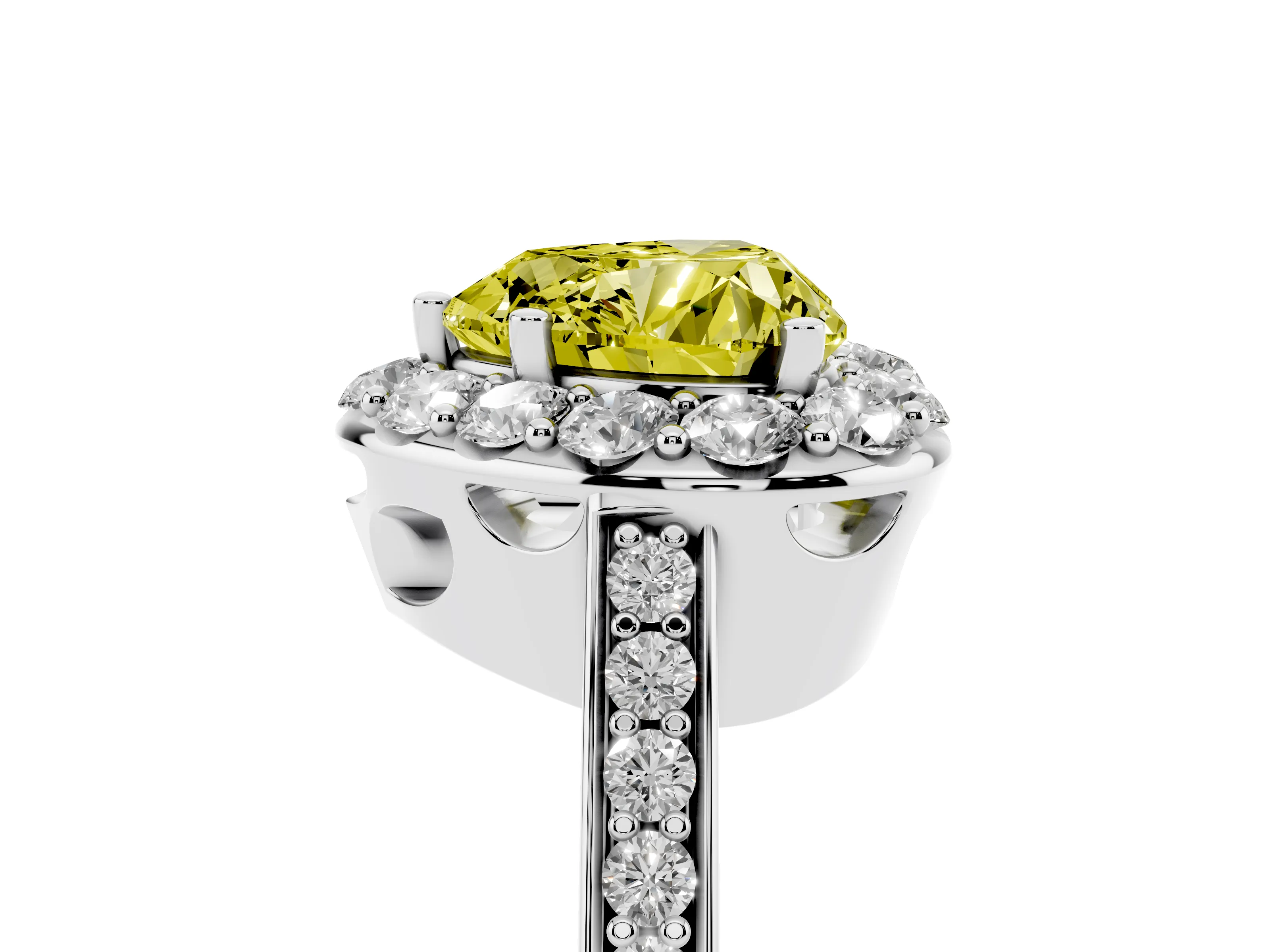 Fancy Yellow Heart Cut Diamond Floral Halo Ring Set in White gold with Pavé Band and Prong Setting