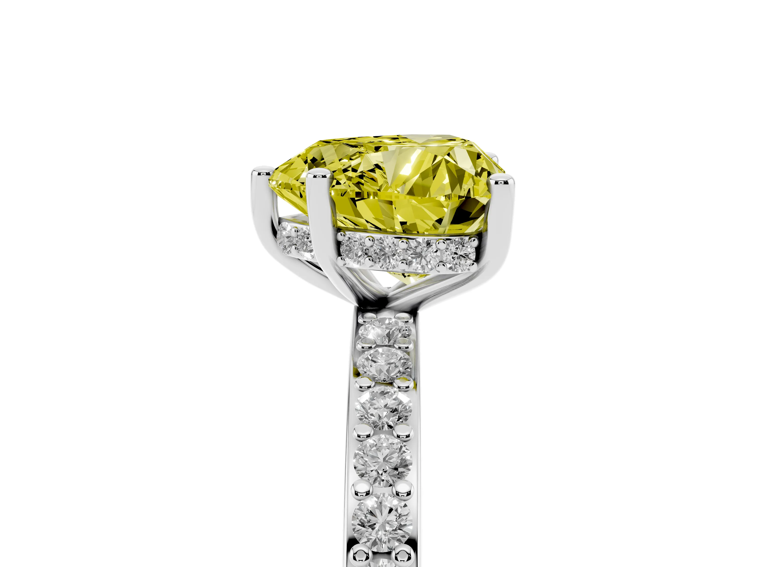 Fancy Yellow Heart Cut Diamond Pavé Band Ring Set in White gold with Prong-Set Center Stone