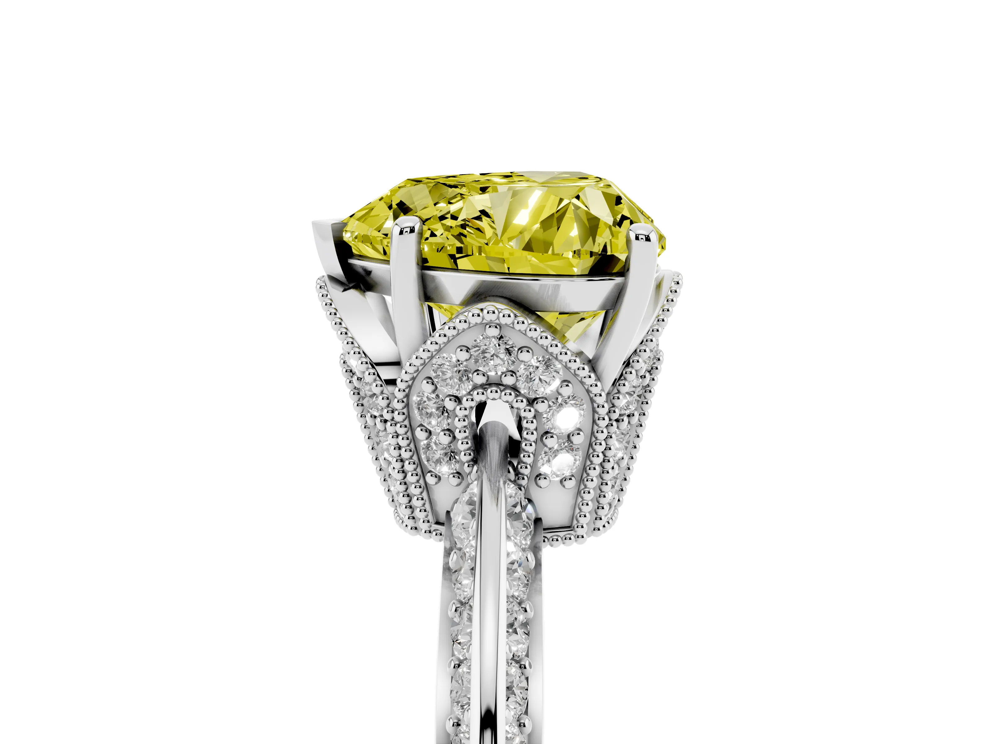 Fancy Yellow Heart Cut Diamond Solitaire Engagement Ring Set in White gold with Pavé Split Shank and Prong Setting