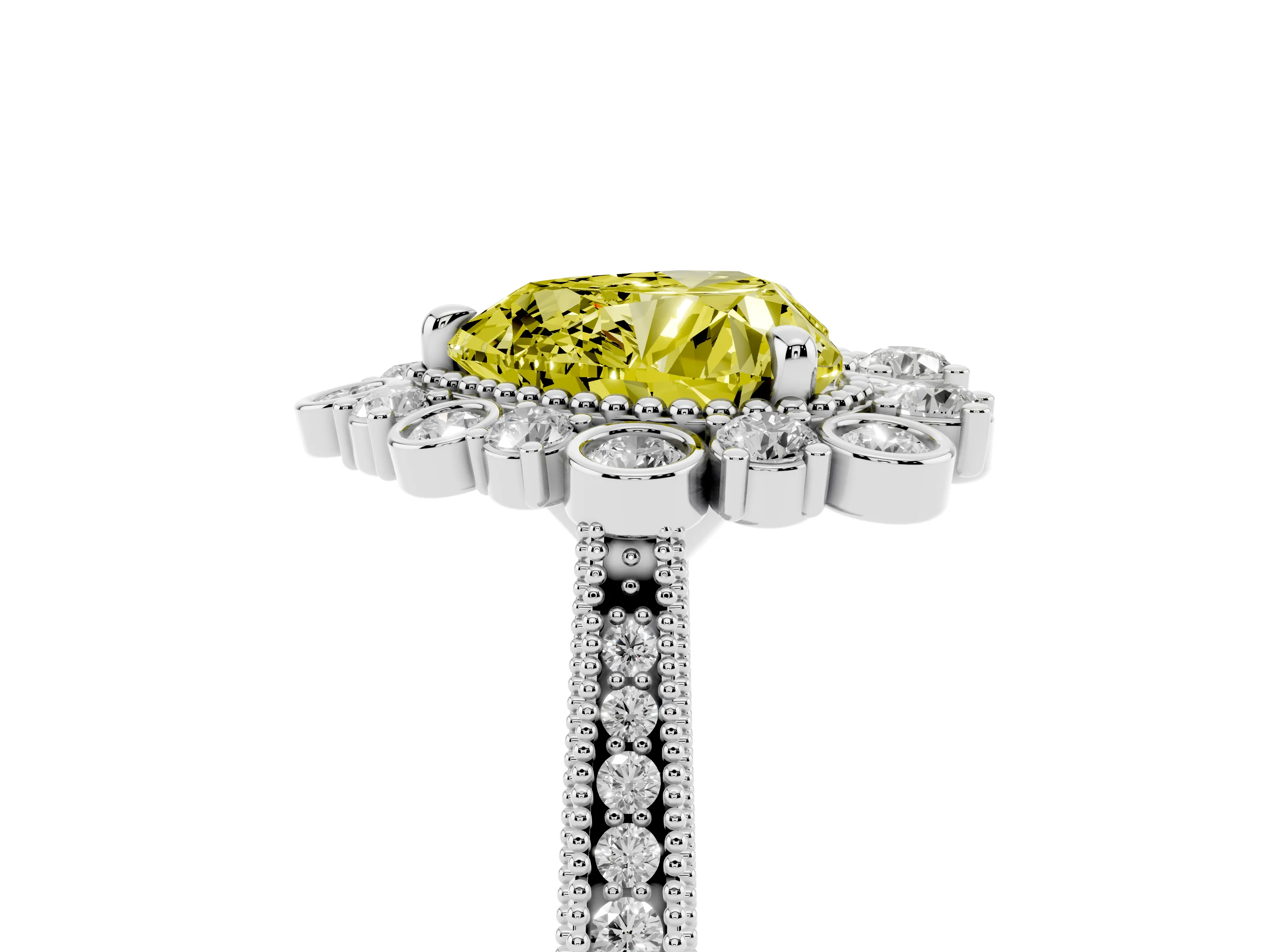 Fancy Yellow Heart Cut Diamond Halo Milgrain Pavé Ring Set in White gold with Prong Setting
