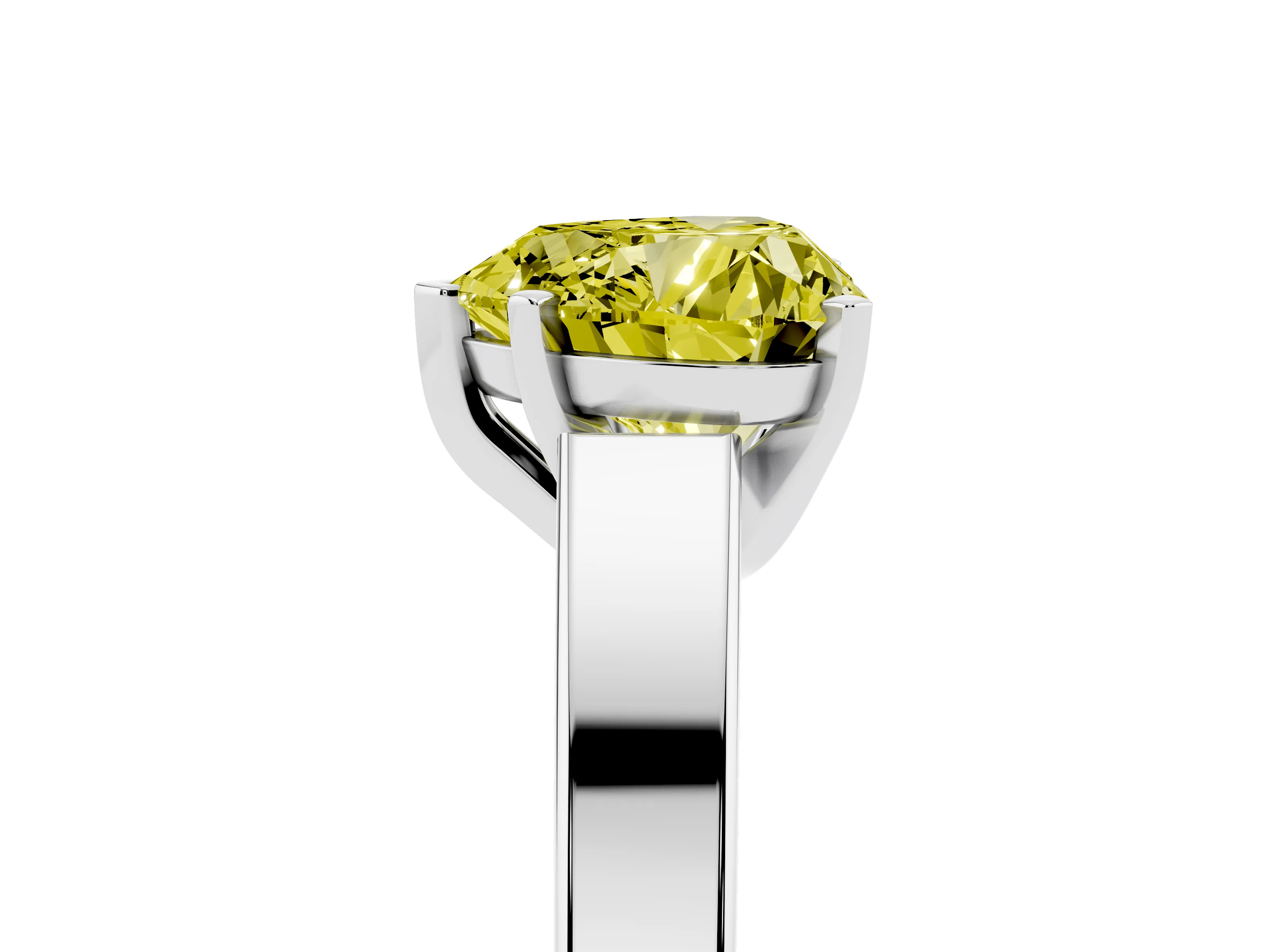 Fancy Yellow Heart Cut Diamond Solitaire Engagement Ring Set in White gold with Prong Setting and Tapered Band