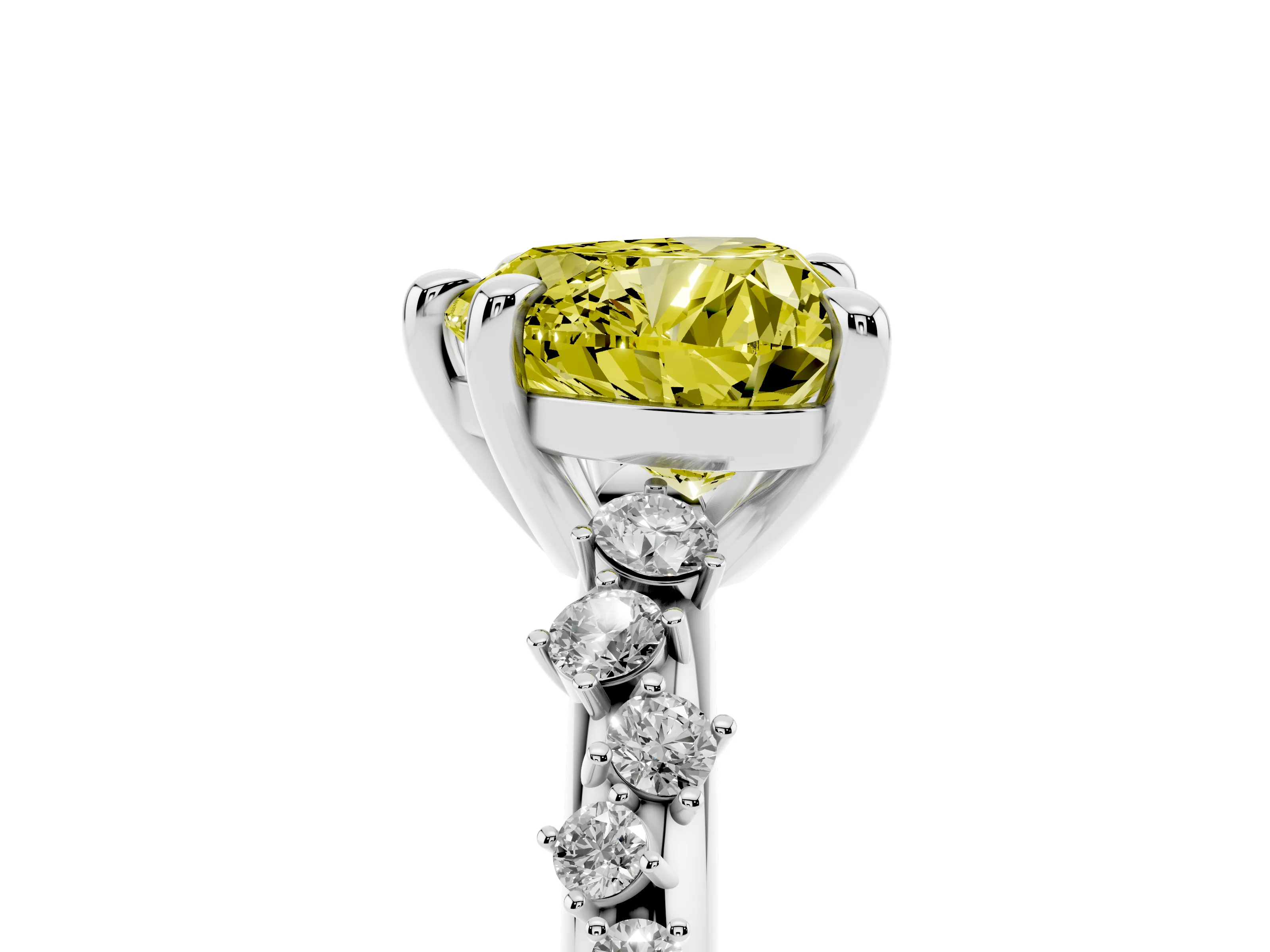 Fancy Yellow Heart Cut Diamond Solitaire Vine Band Ring Set in Silver with Round Accents and Prong Setting