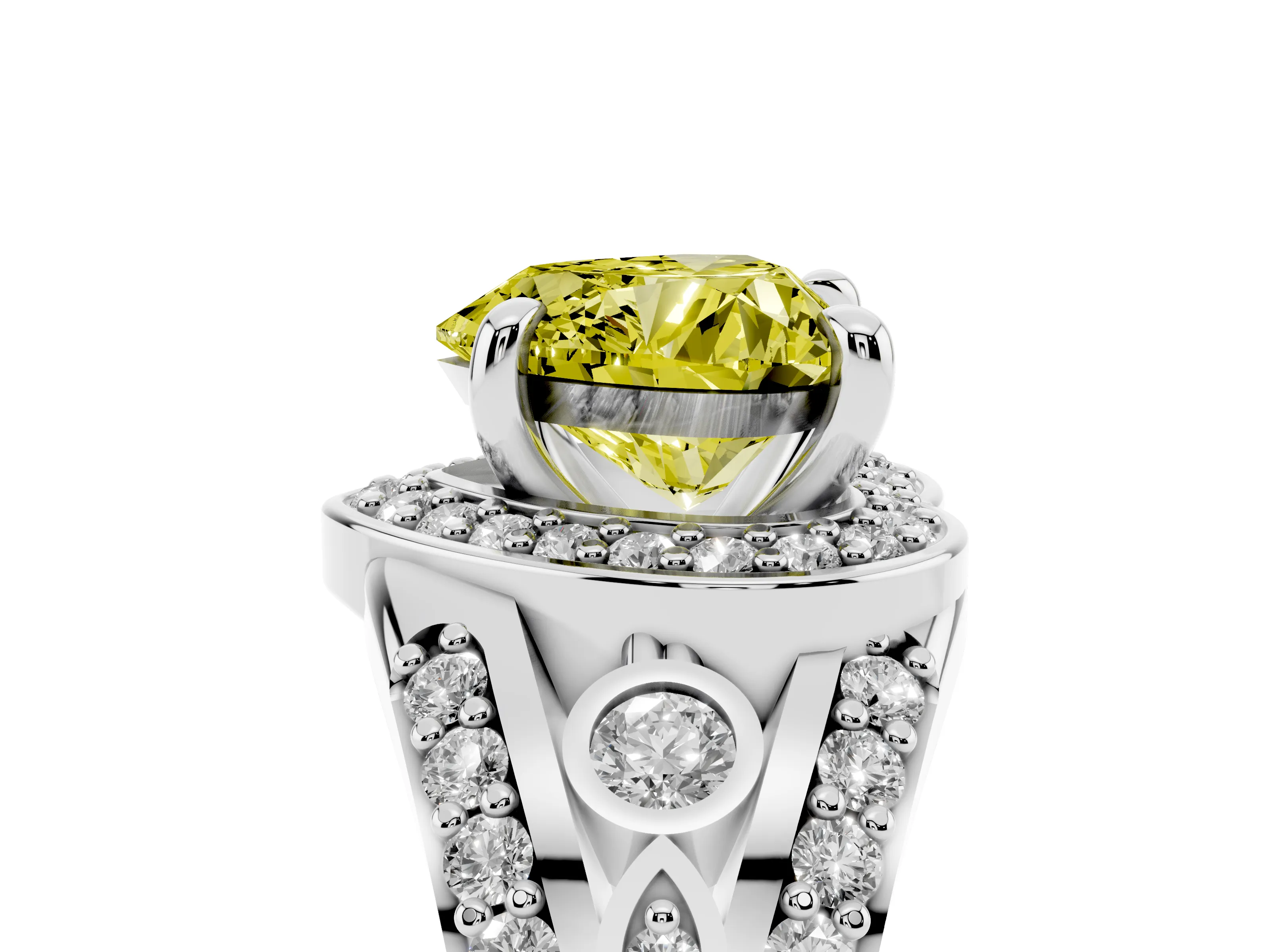 Fancy Yellow Heart Cut Diamond Halo Ring Set in White gold with Pavé Split Shank and Bezel Accents