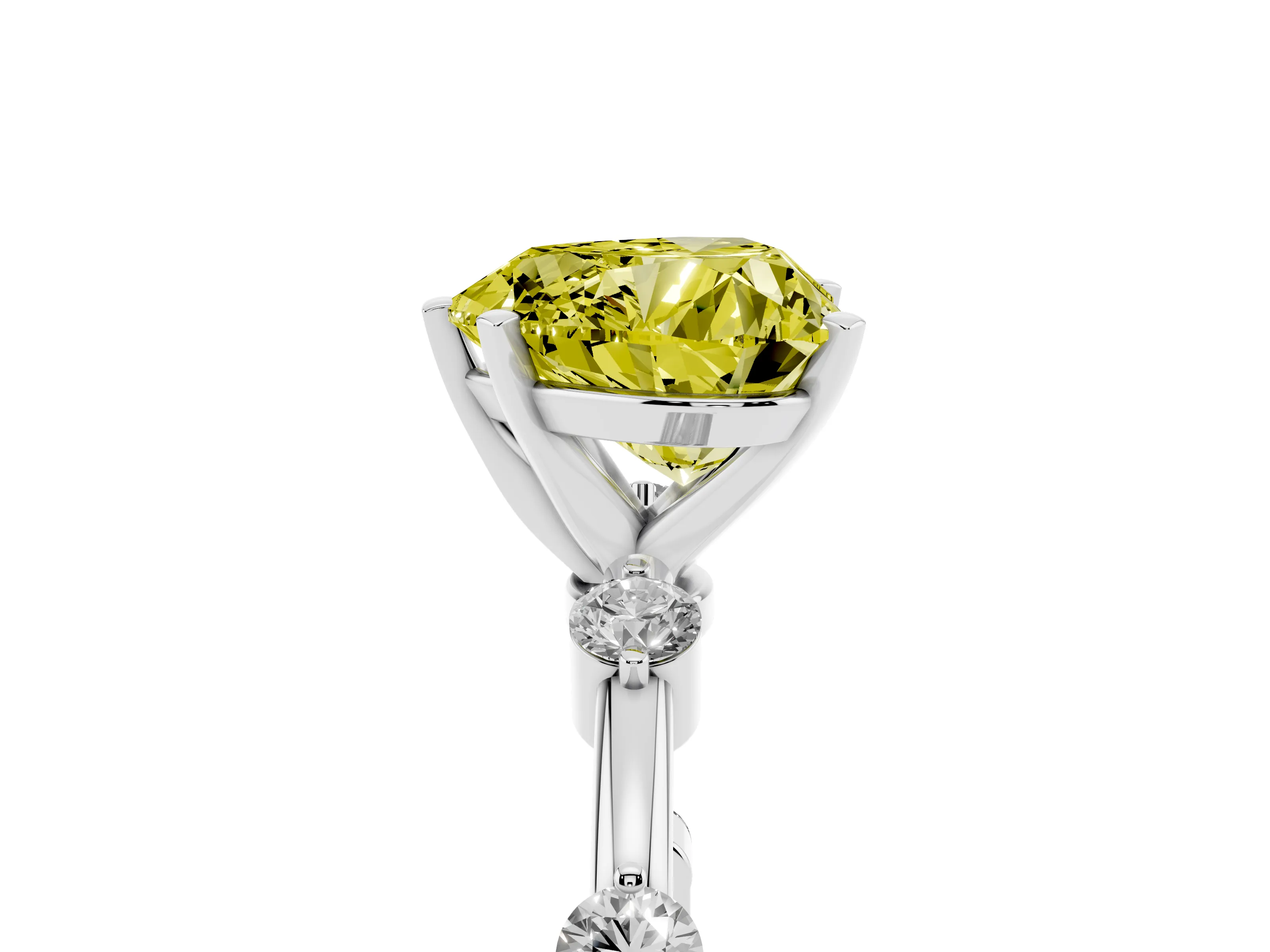 Fancy Yellow Heart Cut Diamond Solitaire Ring Set in Platinum with Bezel Set Side Stones and Prong Setting