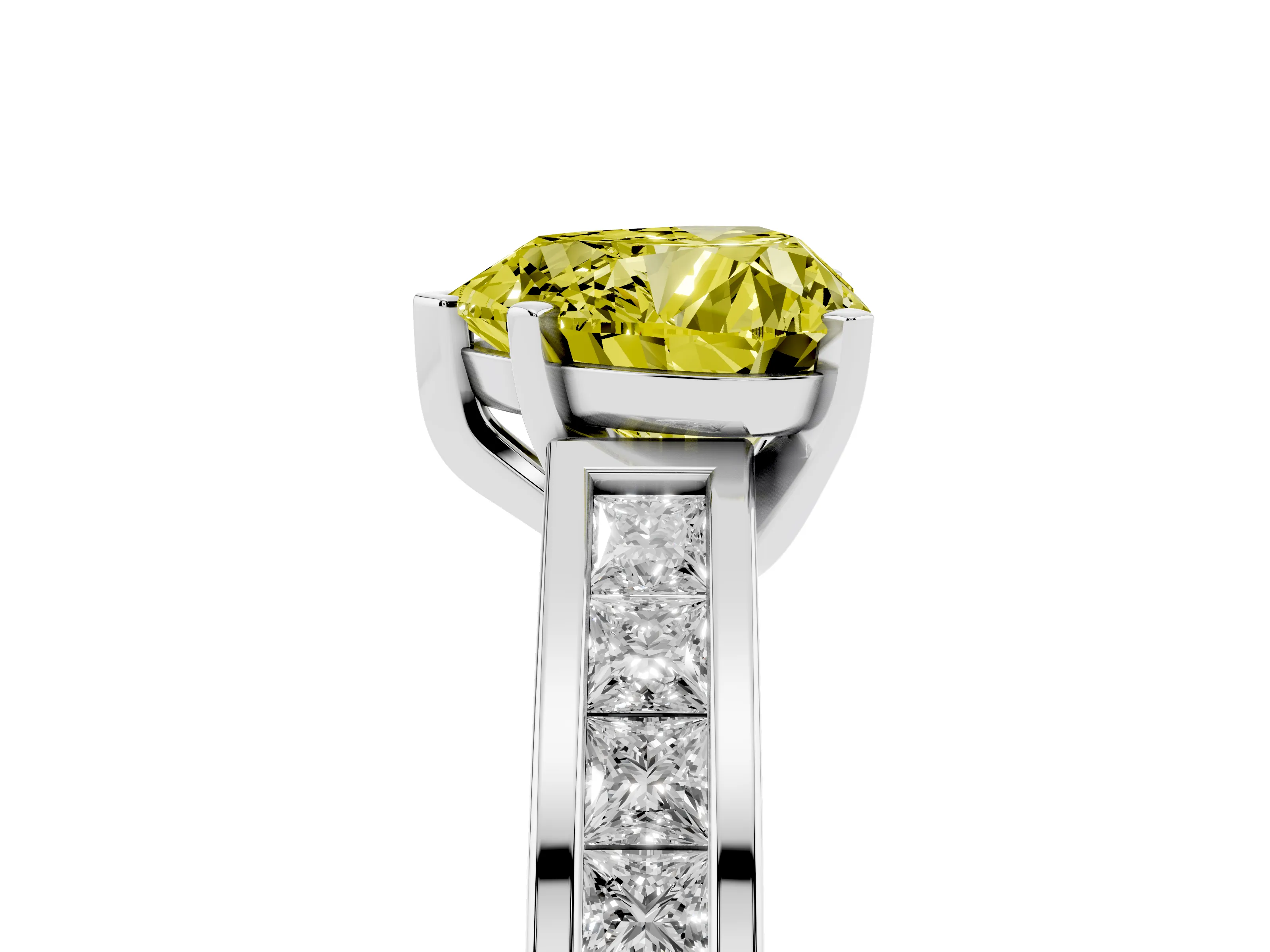 Fancy Yellow Heart Cut Diamond Solitaire Ring Set in Platinum with Channel-Set Band and Prong Setting