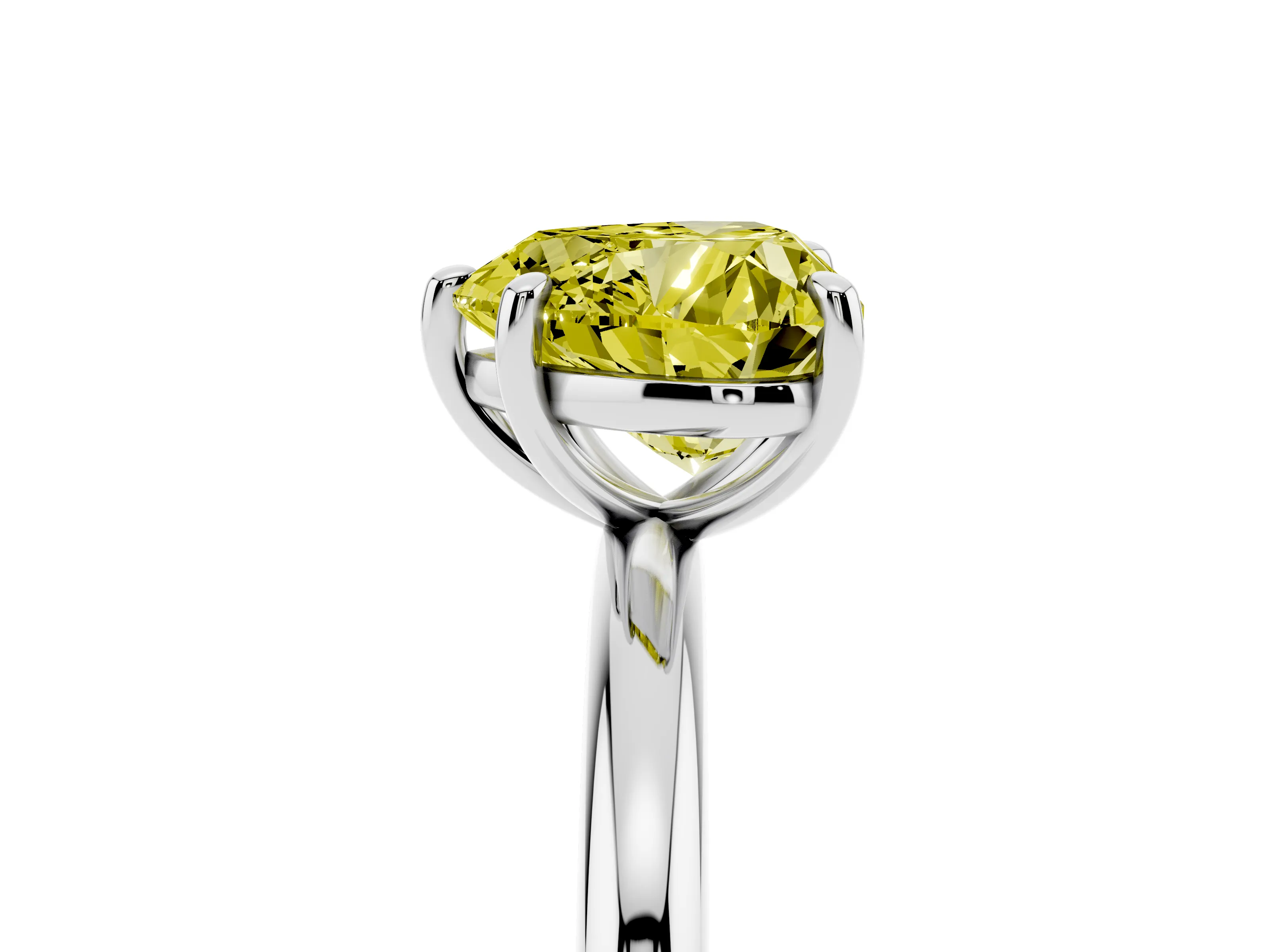Fancy Yellow Heart Cut Diamond Solitaire Ring Set in Platinum with Prong Setting on a Polished Plain Band