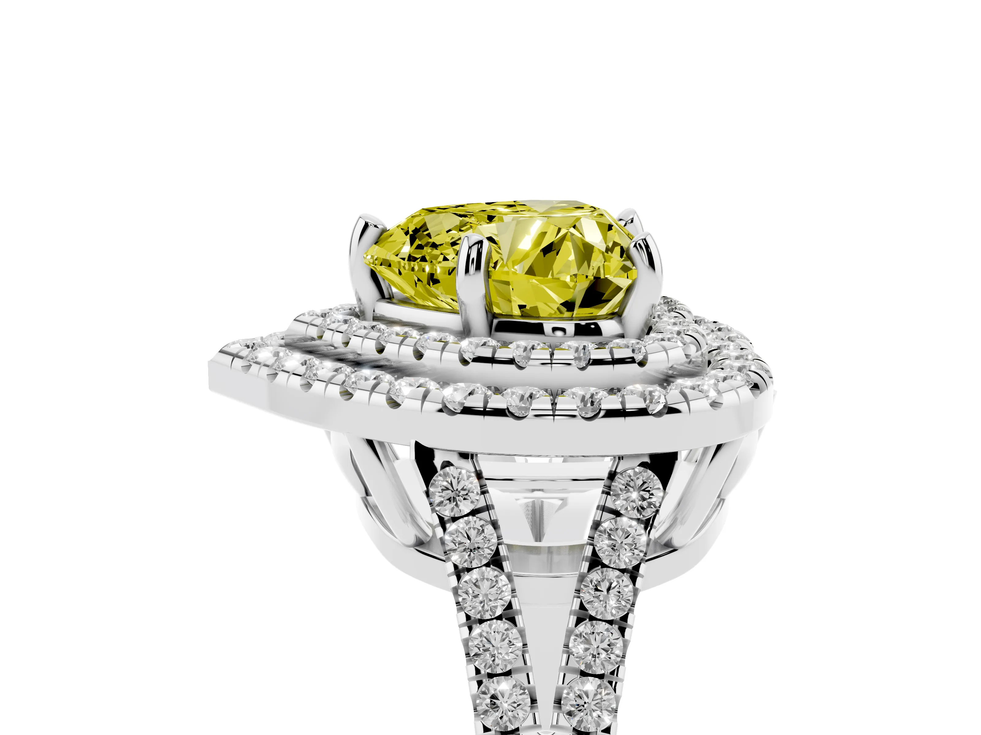 Fancy Yellow Heart Cut Diamond Double Halo Ring Set in Platinum with Pavé Band