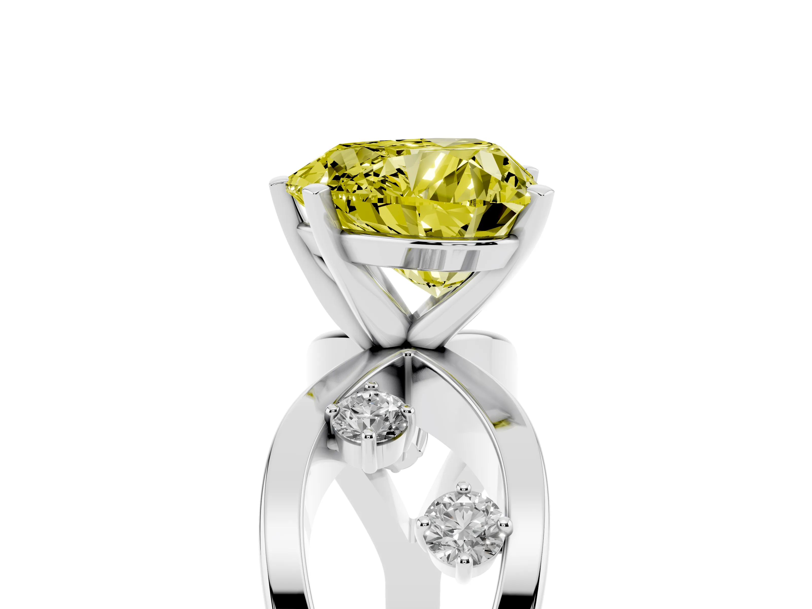 Fancy Yellow Heart Cut Diamond Solitaire Ring Set in Silver with Side Stones on Criss-Cross Band and Prong Setting
