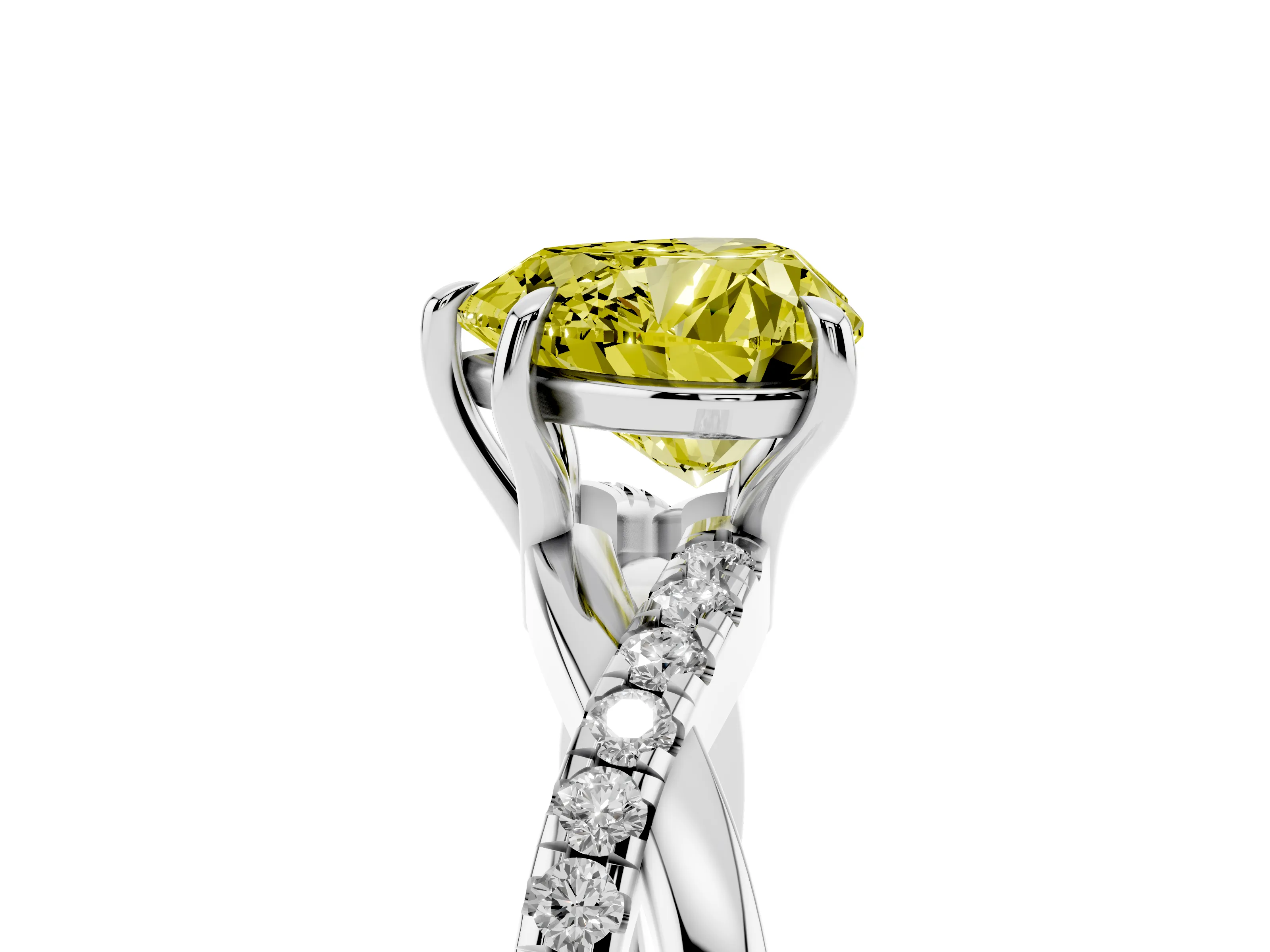 Fancy Yellow Heart Cut Diamond Twisted Pavé Band Ring Set in Platinum with Prong Setting