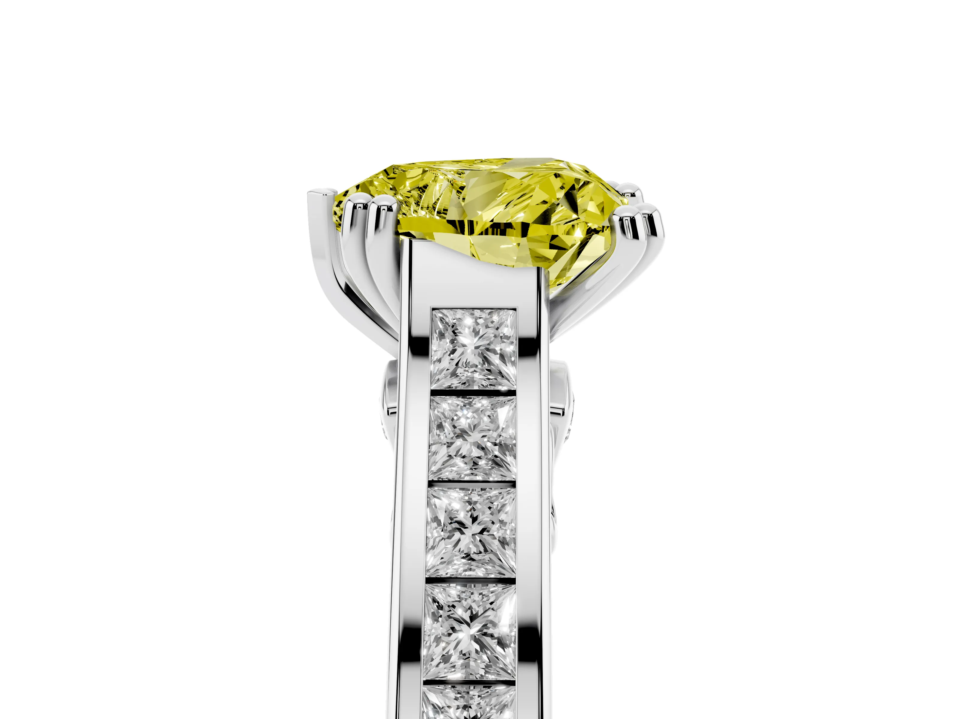 Fancy Yellow Heart Cut Diamond Channel Set Solitaire Engagement Ring Set in Platinum with Prong Setting
