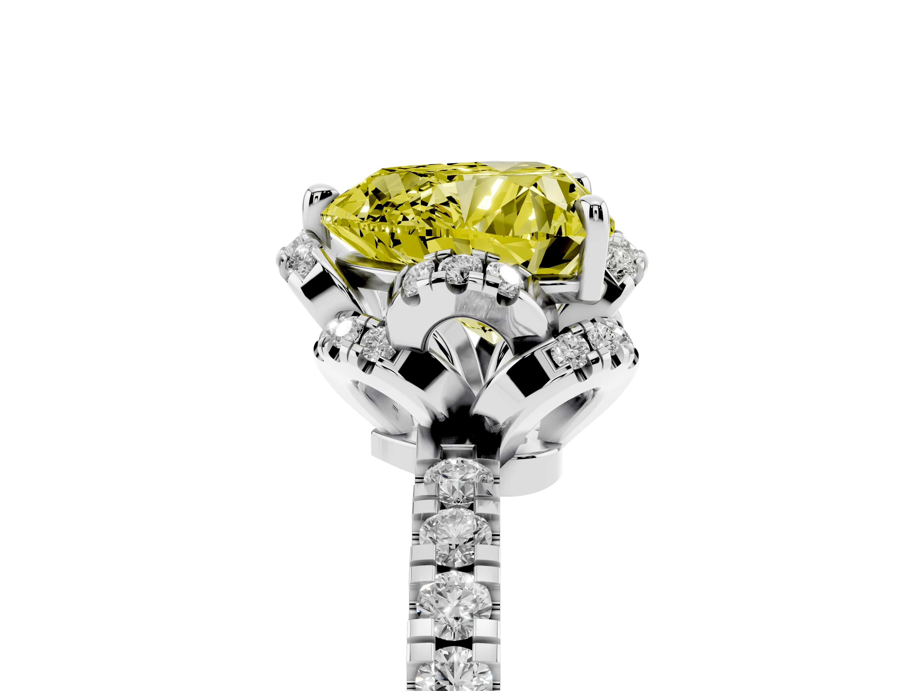 Fancy Yellow Heart Cut Diamond Halo Pavé Band Ring Set in White gold with Prong-Held Center