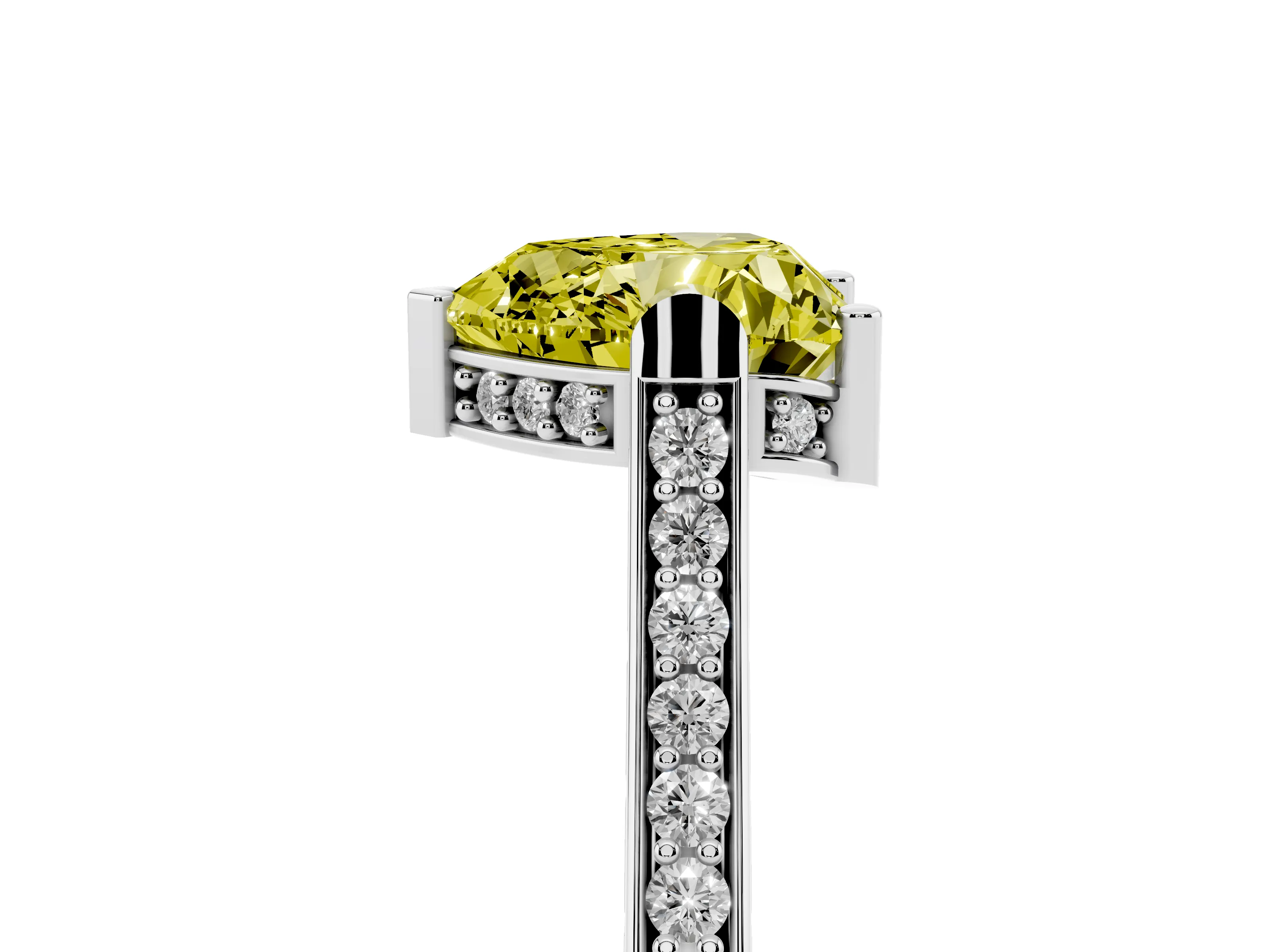 Fancy Yellow Heart Cut Diamond Solitaire Ring Set in White gold with Channel Set Band and Bezel Prong Setting