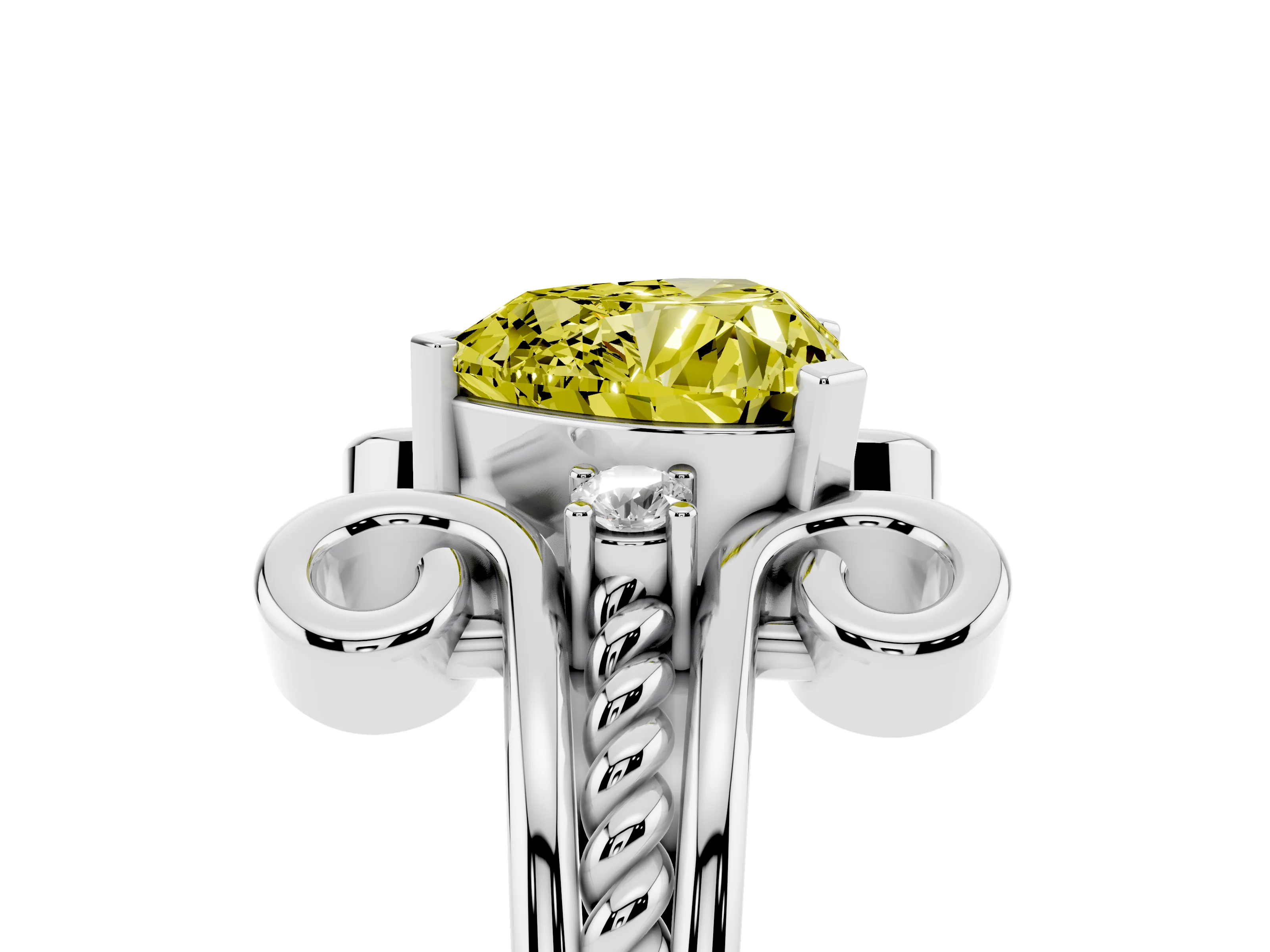 Fancy Yellow Heart Cut Diamond Twisted Band Solitaire Ring Set in Platinum with Scroll Prongs