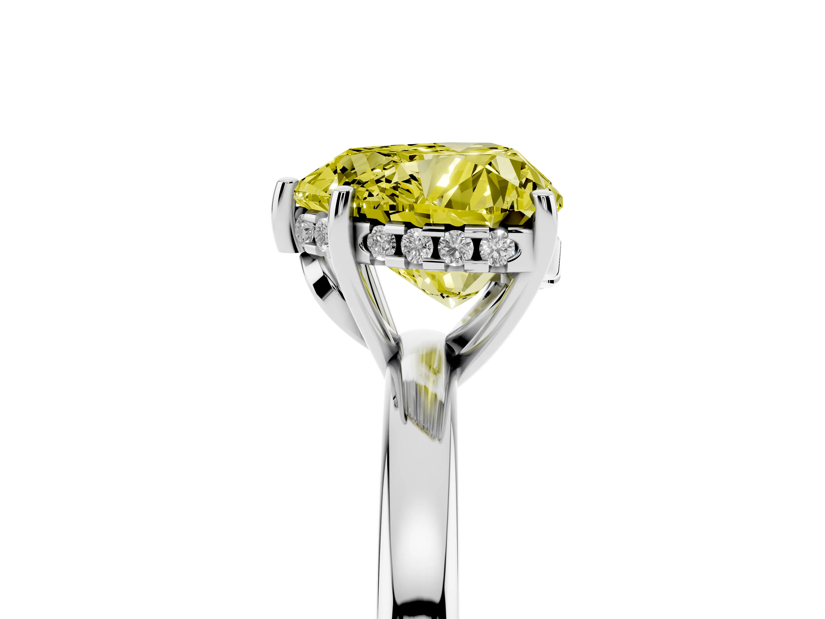 Fancy Yellow Heart Cut Diamond Solitaire Ring Set in White gold with Plain Band and Prong Setting