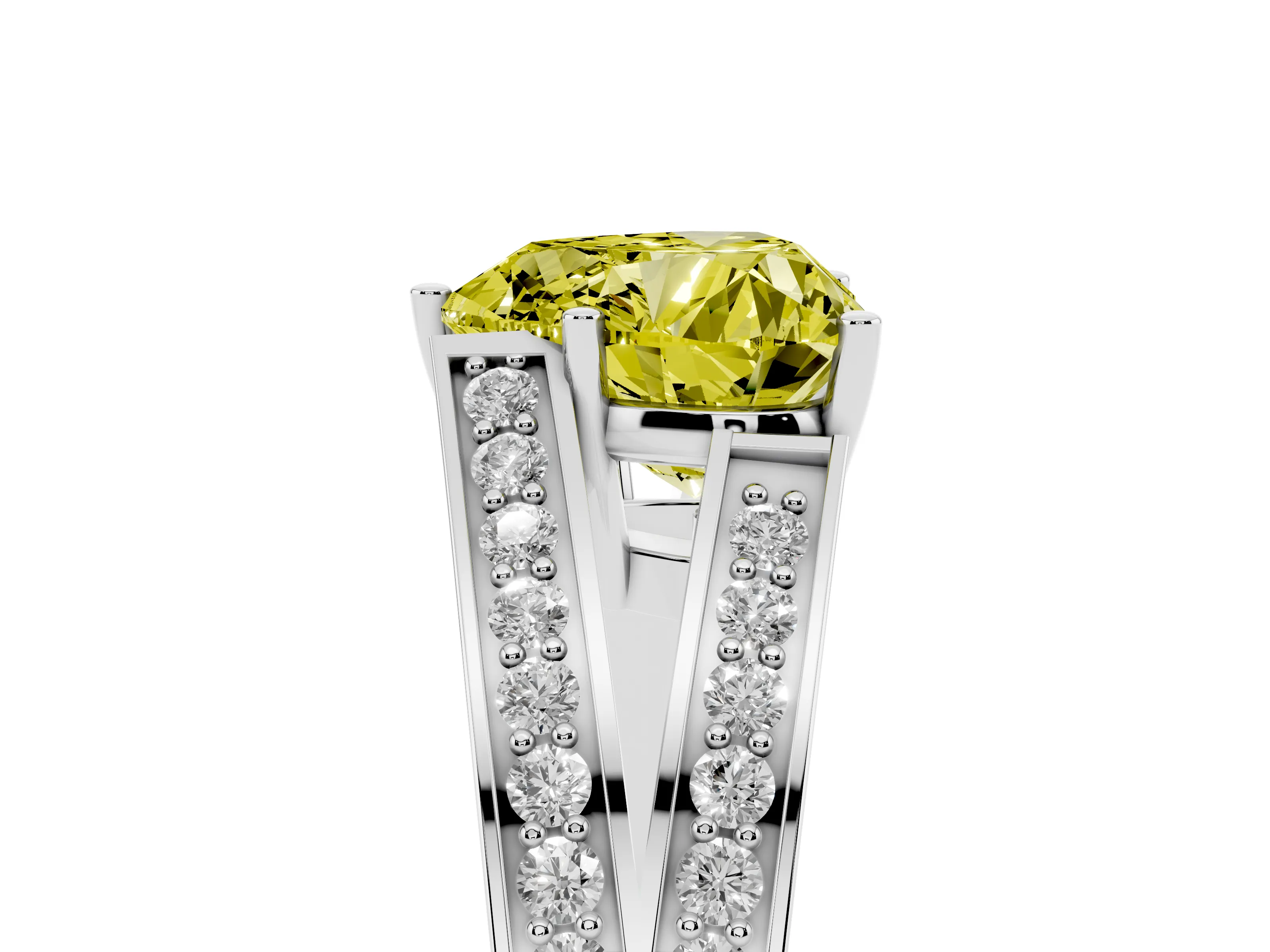 Fancy Yellow Heart Cut Diamond Split Shank Ring Set in Silver with Pavé Band and Prong Setting