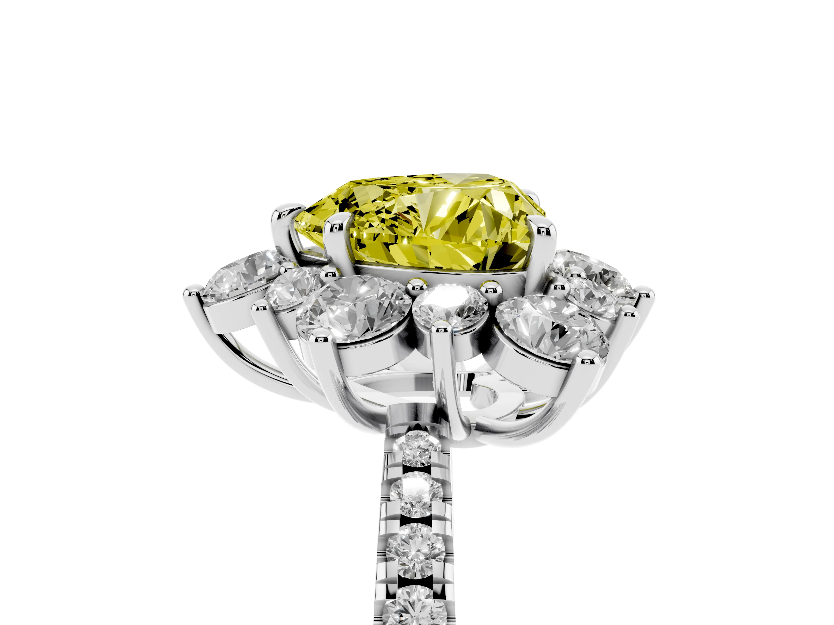 Fancy Yellow Heart Cut Diamond Floral Halo Ring Set in White gold with Round Pavé Band and Prong Setting