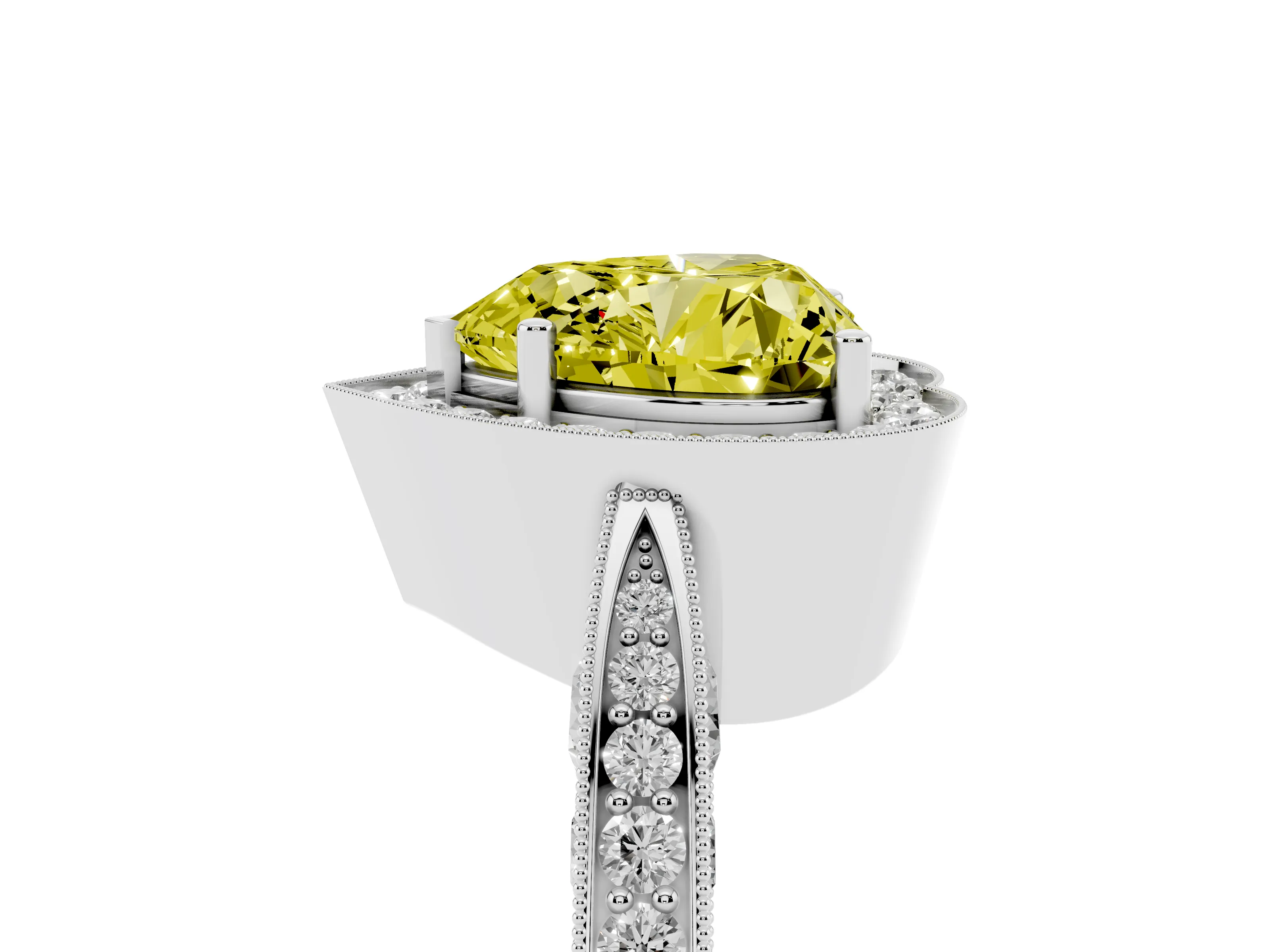 Fancy Yellow Heart Cut Diamond Halo Engagement Ring Set in White gold with Accent Split Shank Band