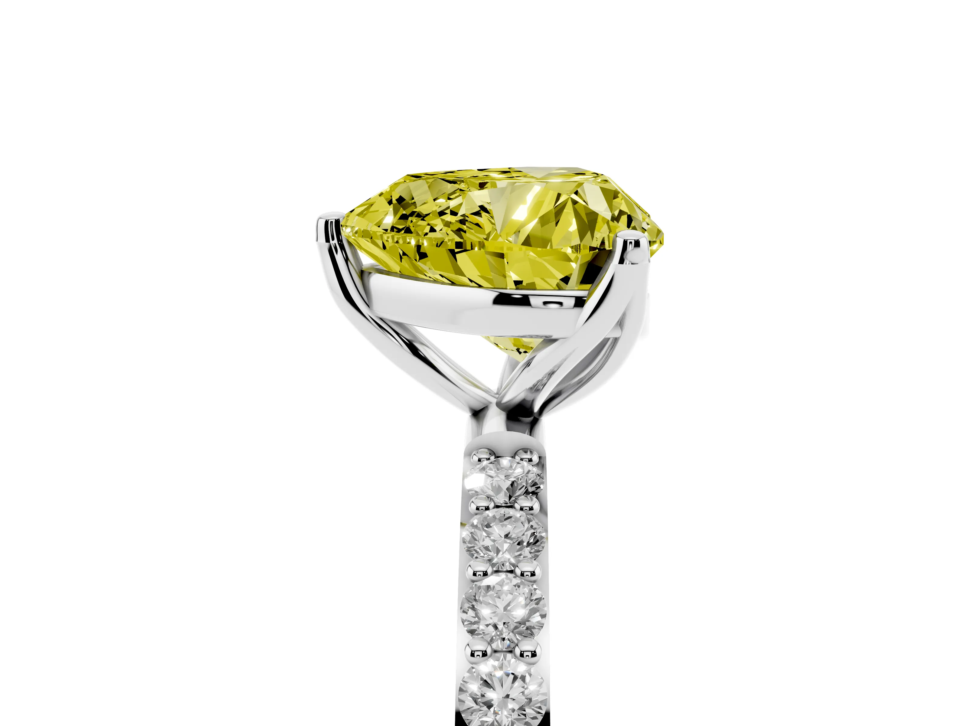 Fancy Yellow Heart Cut Diamond Solitaire Engagement Ring Set in Platinum with Round Pavé Band and Prong Setting