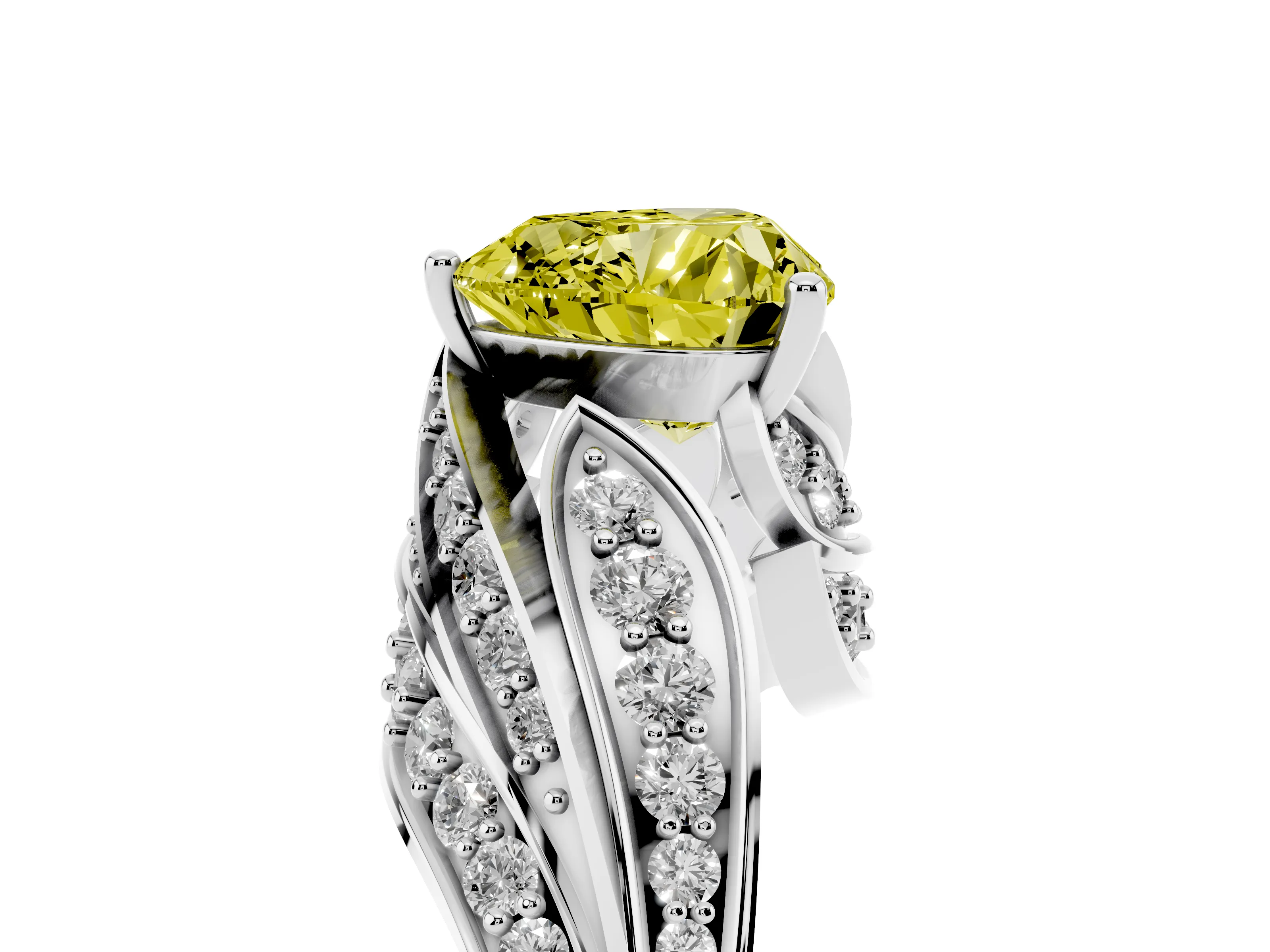 Fancy Yellow Heart Cut Diamond Solitaire Ring Set in Platinum with Layered Twist Pavé Band