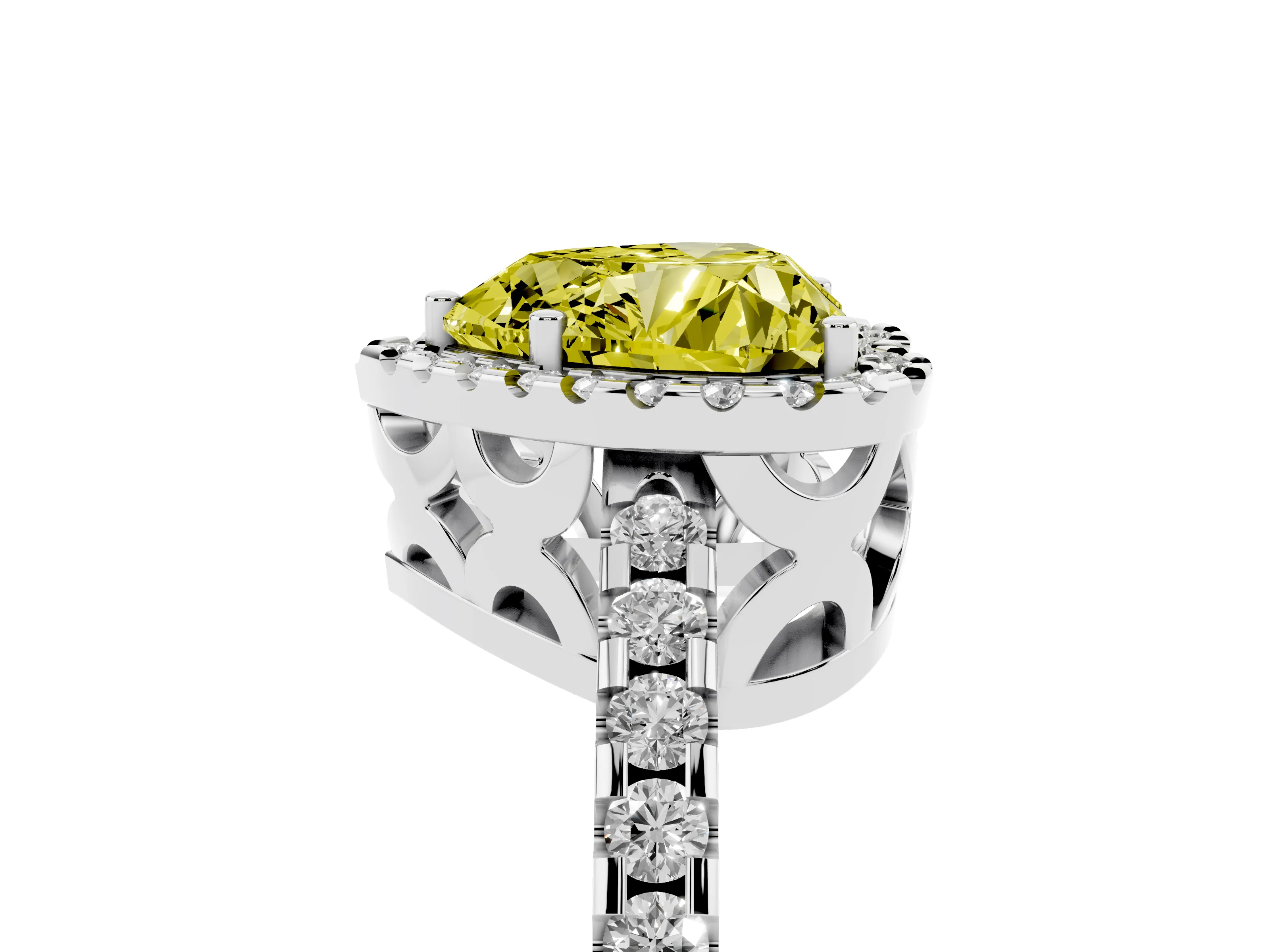 Fancy Yellow Heart Cut Diamond Halo Ring Set in Platinum with Pavé Shoulders and Halo-Framed Center